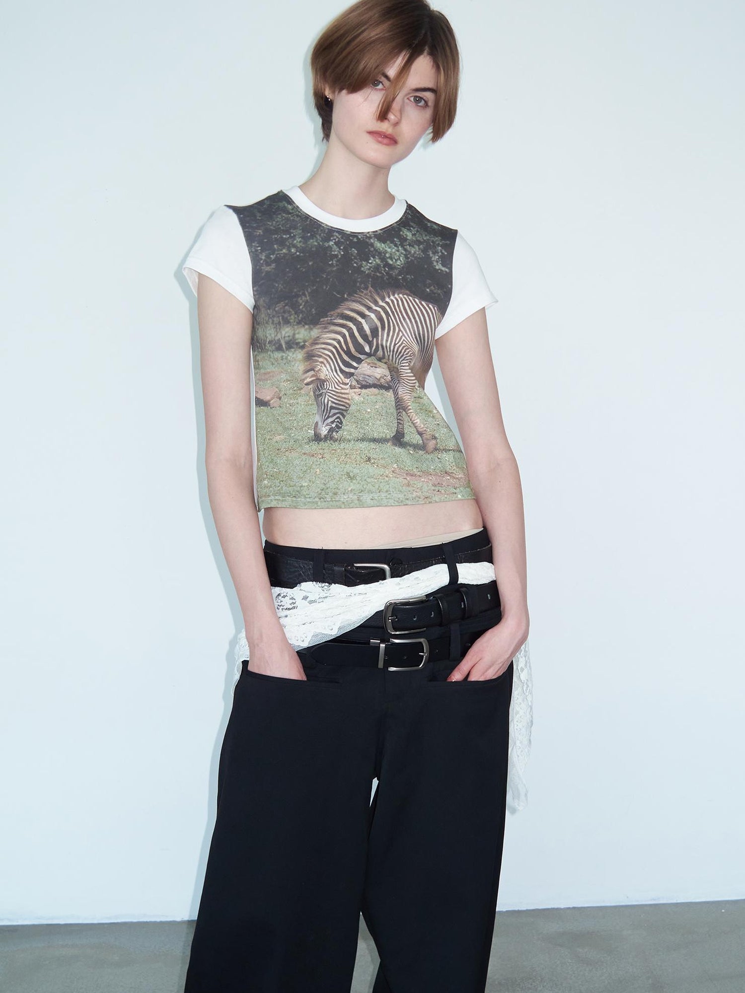 Delivery Green Zebra Nature Print Fitted V-neck T-shirt Long Sleeve