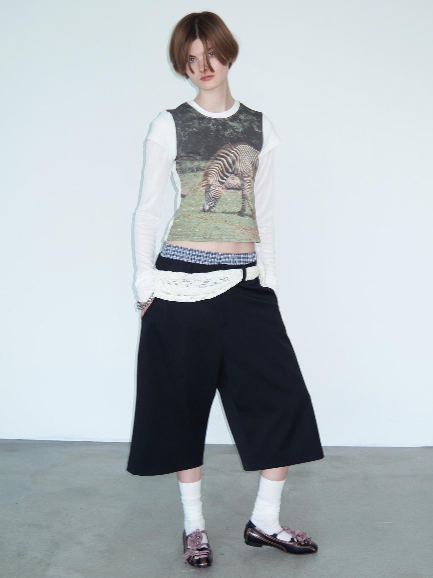 Delivery Green Zebra Nature Print Fitted V-neck T-shirt Long Sleeve