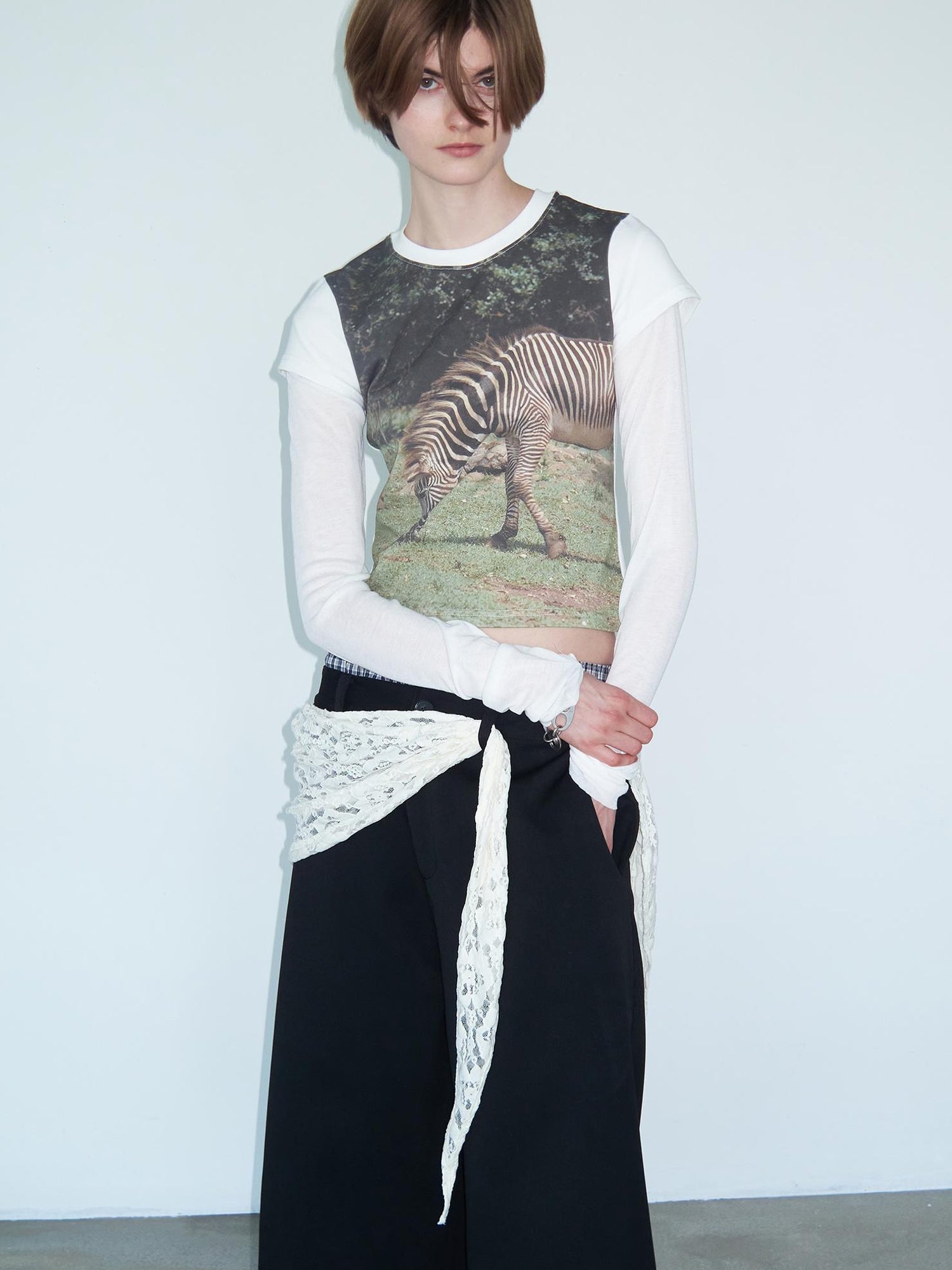 Delivery Green Zebra Nature Print Fitted V-neck T-shirt Long Sleeve