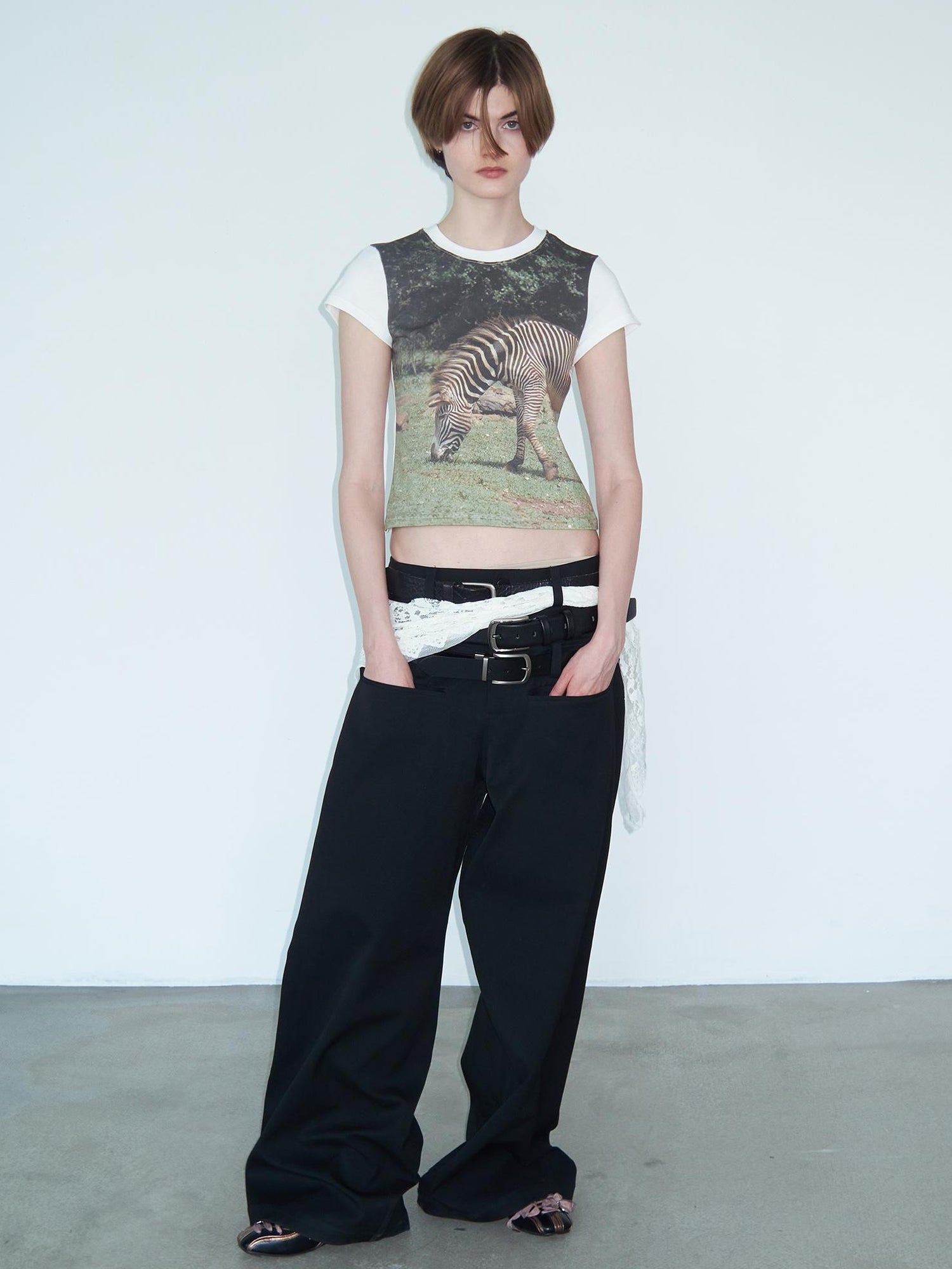 Delivery Green Zebra Nature Print Fitted V-neck T-shirt Long Sleeve