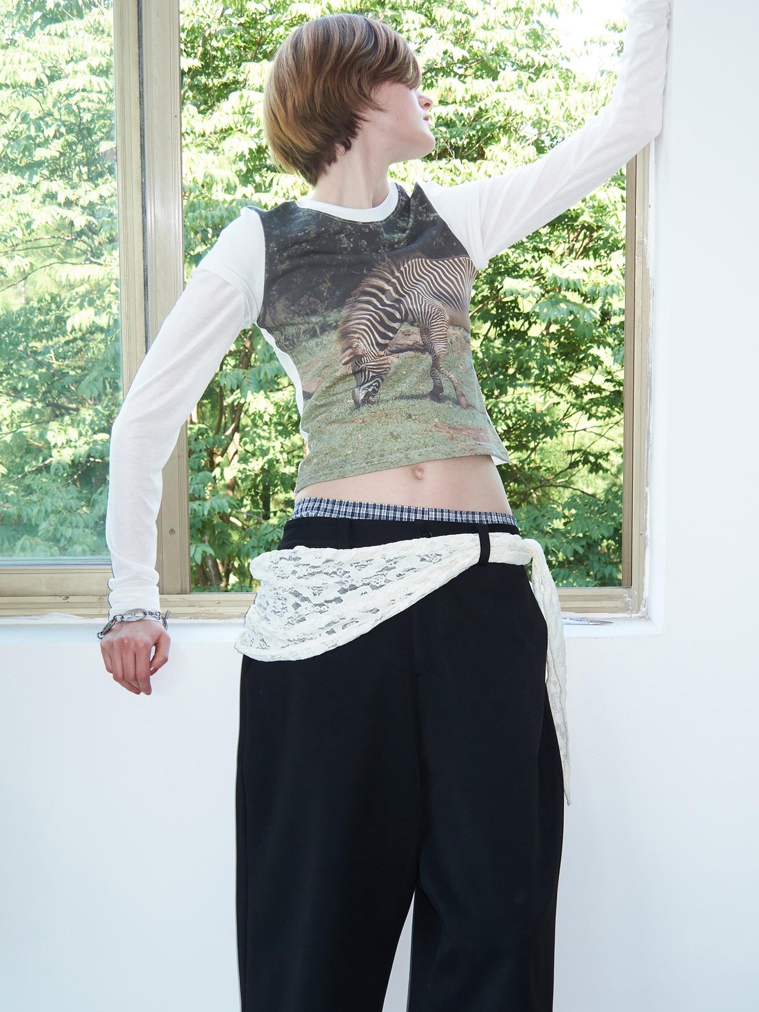 Delivery Green Zebra Nature Print Fitted V-neck T-shirt Long Sleeve