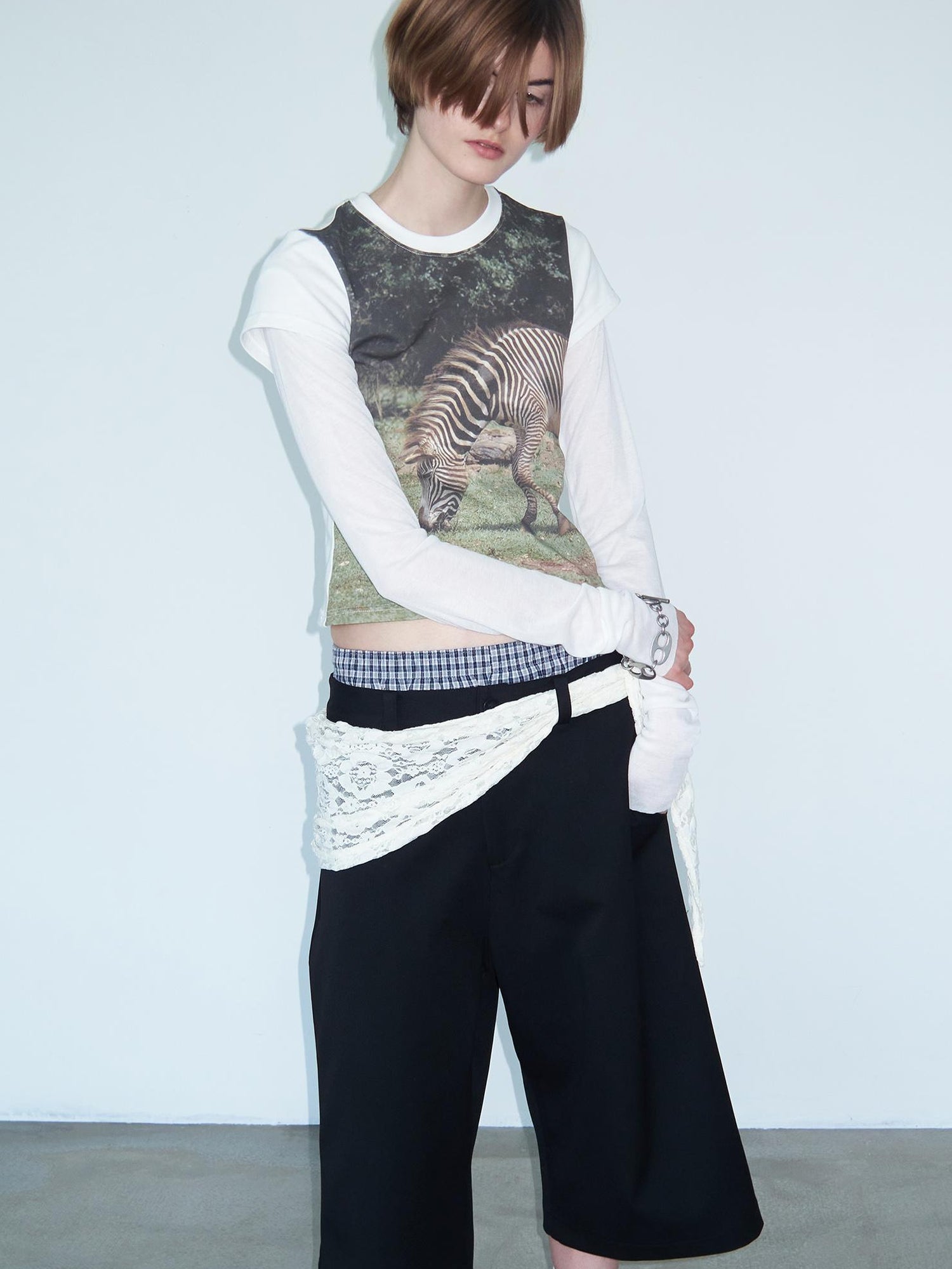 Delivery Green Zebra Nature Print Fitted V-neck T-shirt Long Sleeve