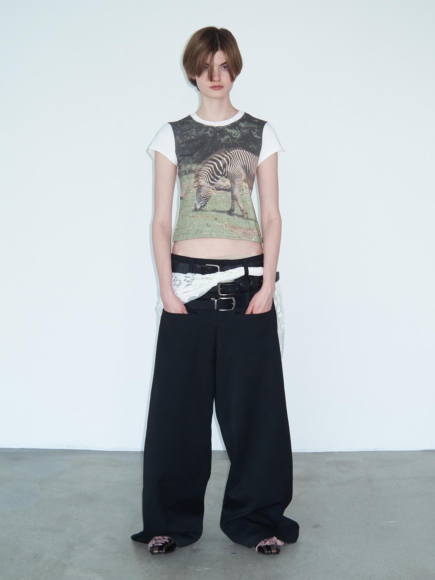 Delivery Green Zebra Nature Print Fitted V-neck T-shirt Long Sleeve