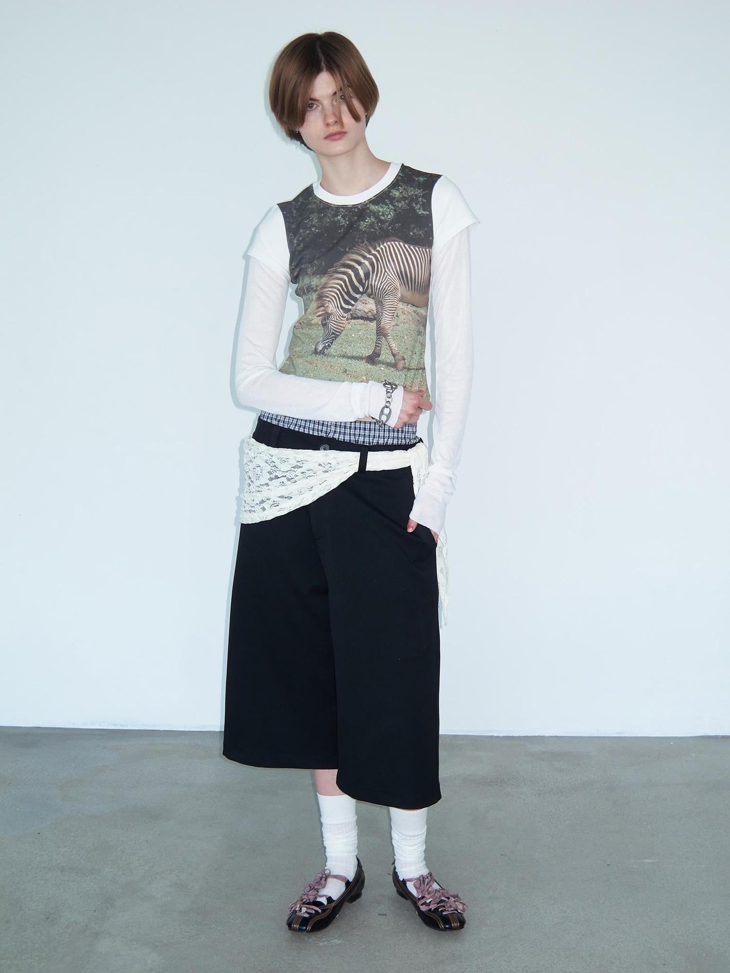 Delivery Green Zebra Nature Print Fitted V-neck T-shirt Long Sleeve