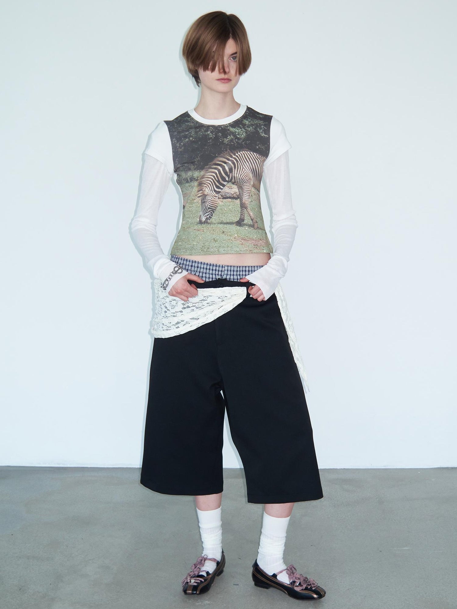 Delivery Green Zebra Nature Print Fitted V-neck T-shirt Long Sleeve