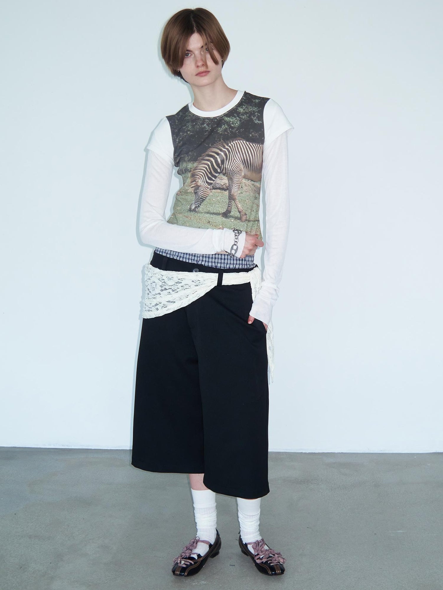 Delivery Green Zebra Nature Print Fitted V-neck T-shirt Long Sleeve