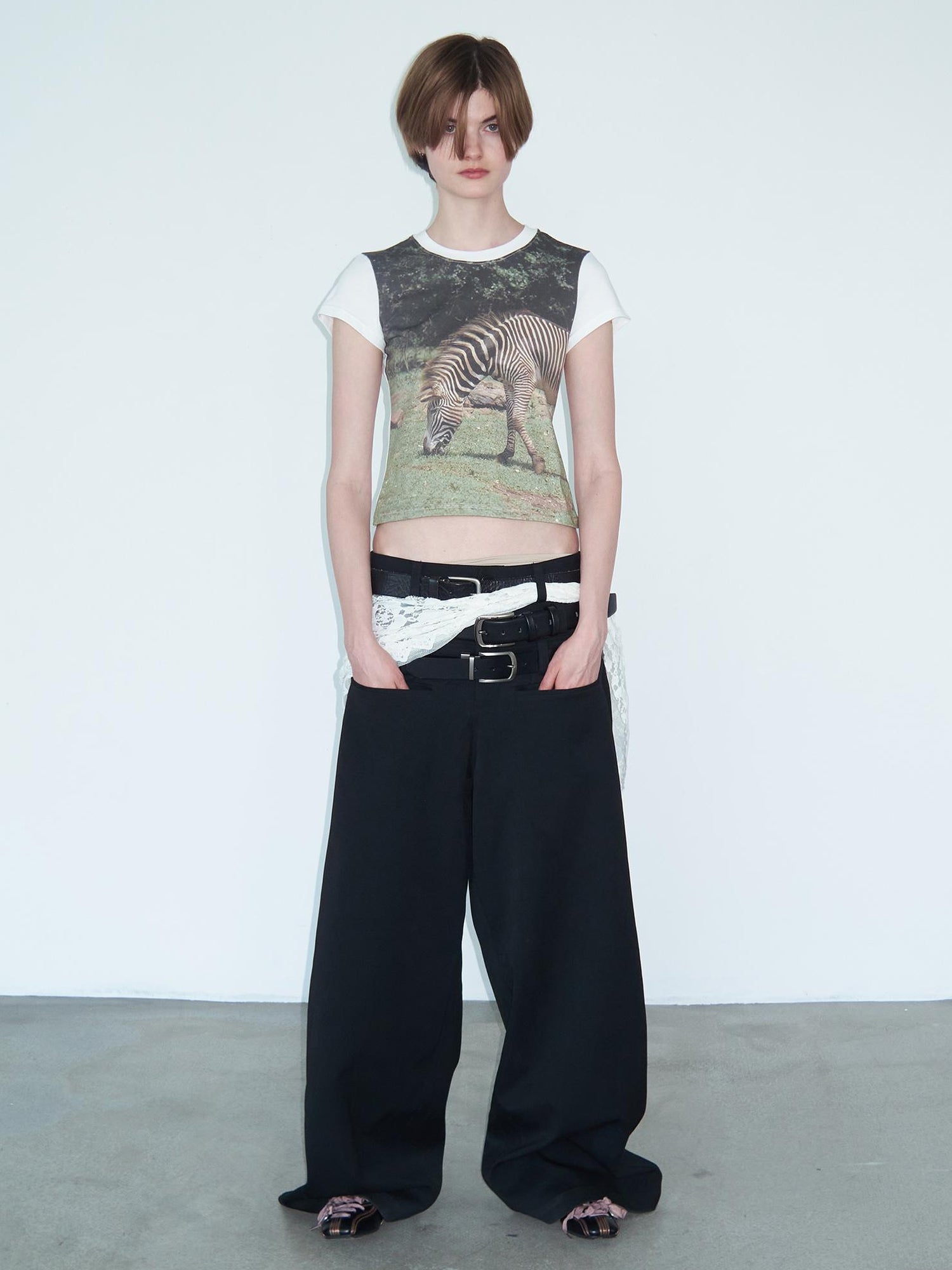 Delivery Green Zebra Nature Print Fitted V-neck T-shirt Long Sleeve