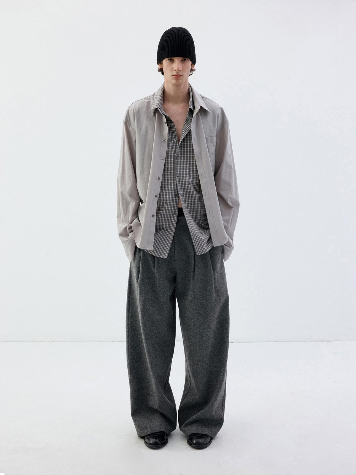 Delivery Grey Plaid Deconstructed Fake Two Piece Collared Cotton Women&