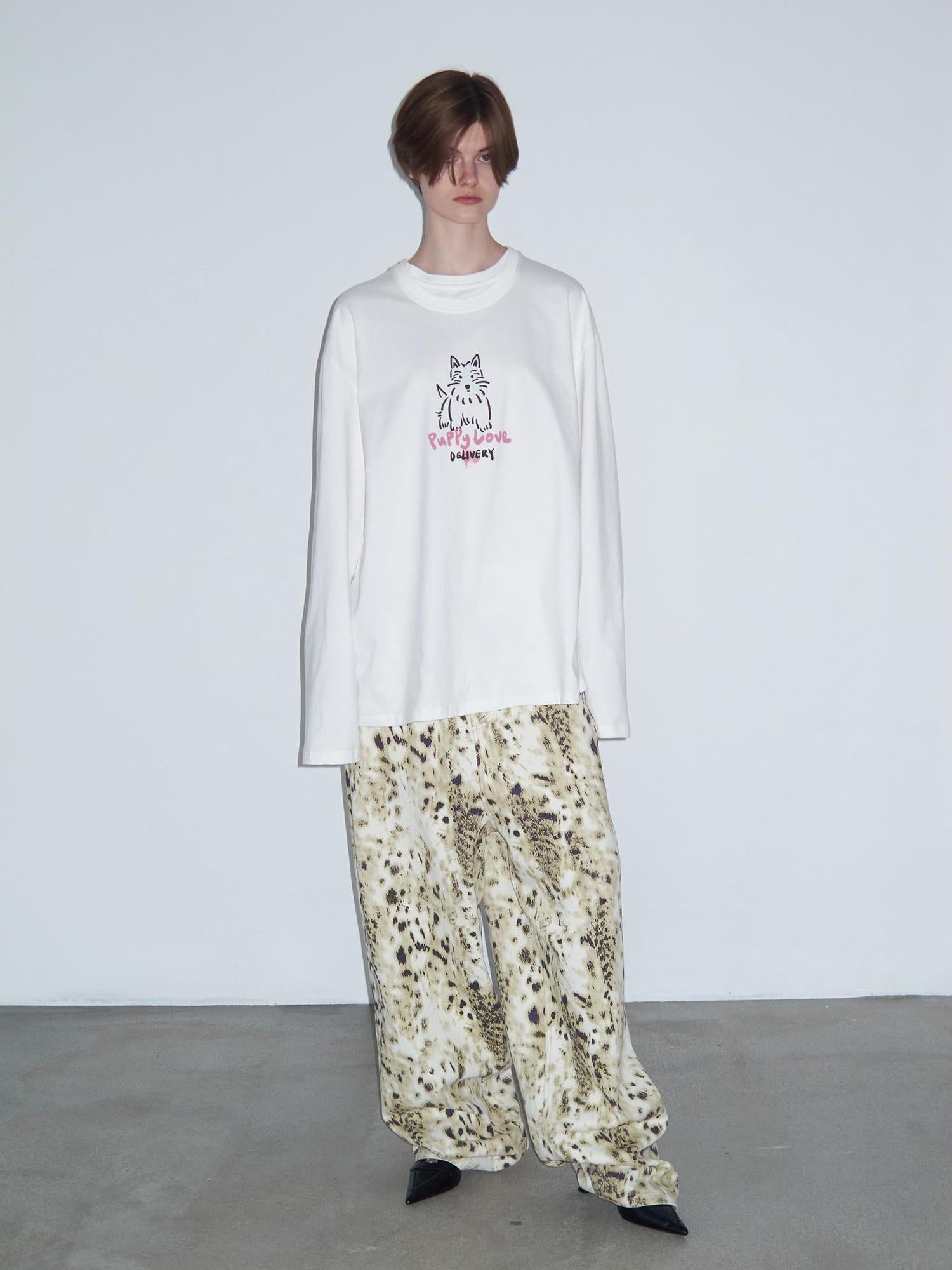 Delivery Hand Drawn Westie Print Layered Neckline White Long Sleeve Tee