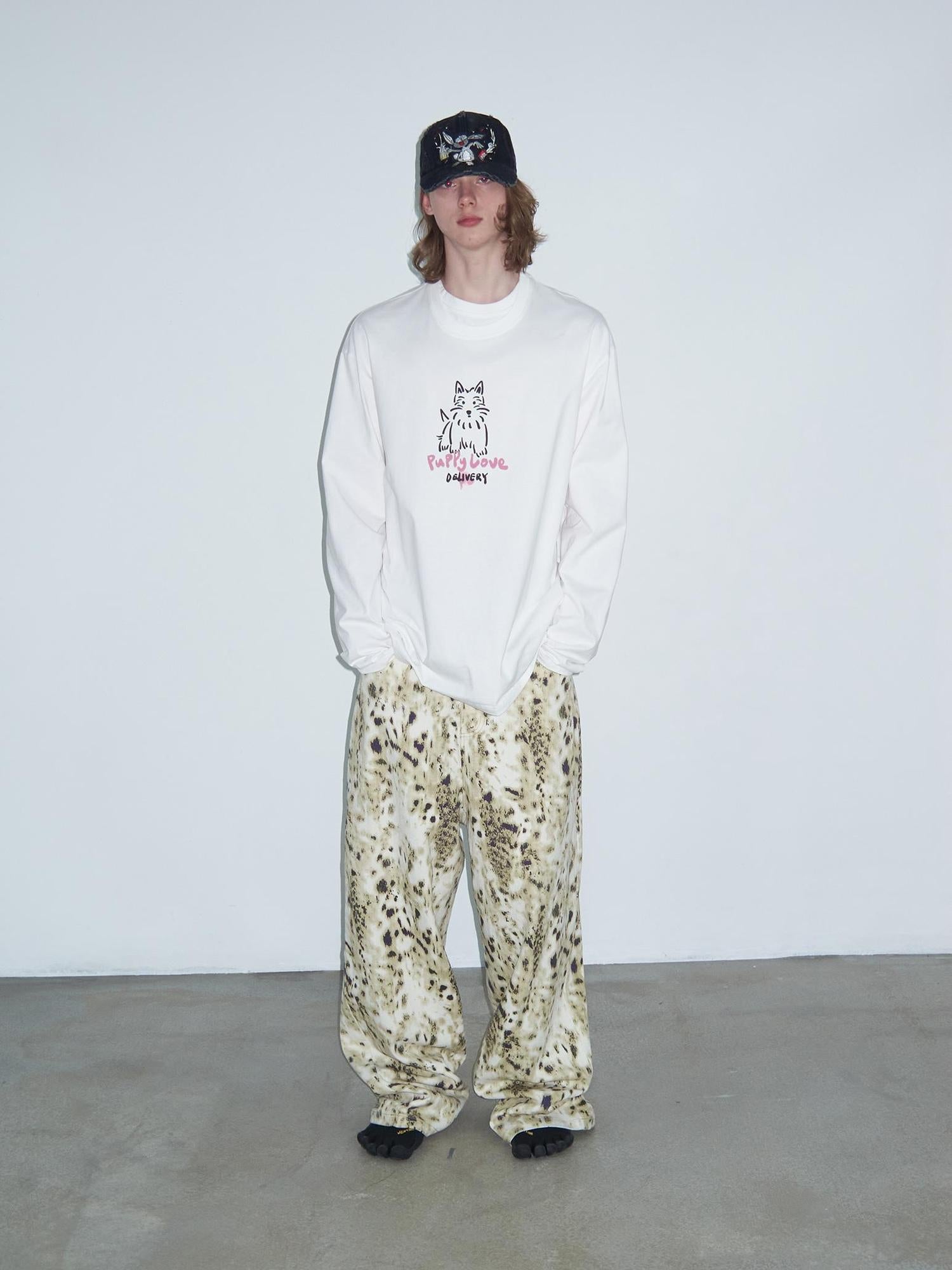 Delivery Hand Drawn Westie Print Layered Neckline White Long Sleeve Tee