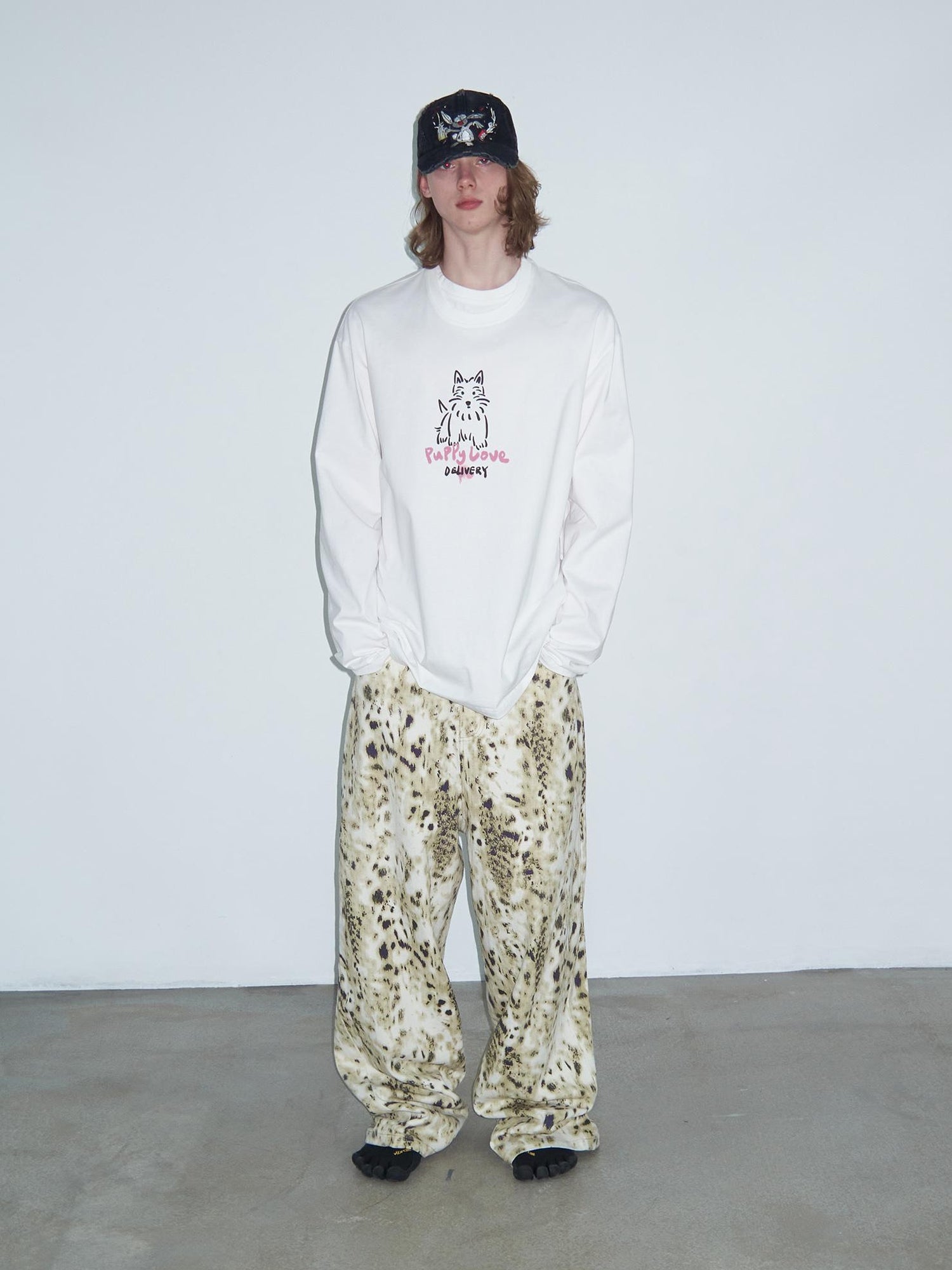 Delivery Hand Drawn Westie Print Layered Neckline White Long Sleeve Tee