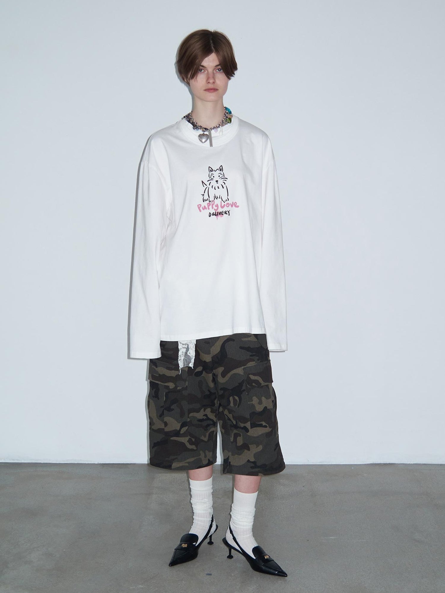 Delivery Hand Drawn Westie Print Layered Neckline White Long Sleeve Tee