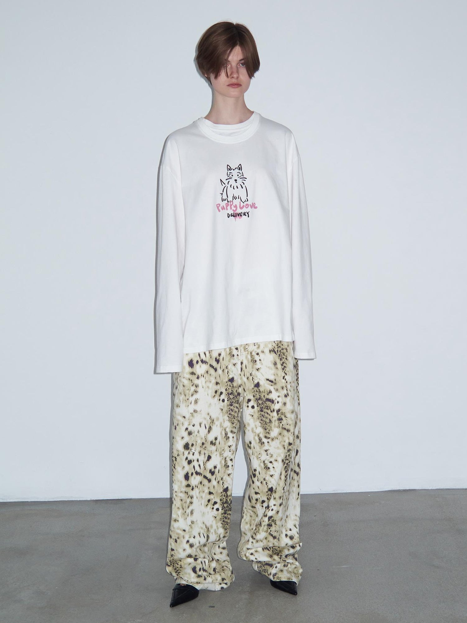 Delivery Hand Drawn Westie Print Layered Neckline White Long Sleeve Tee