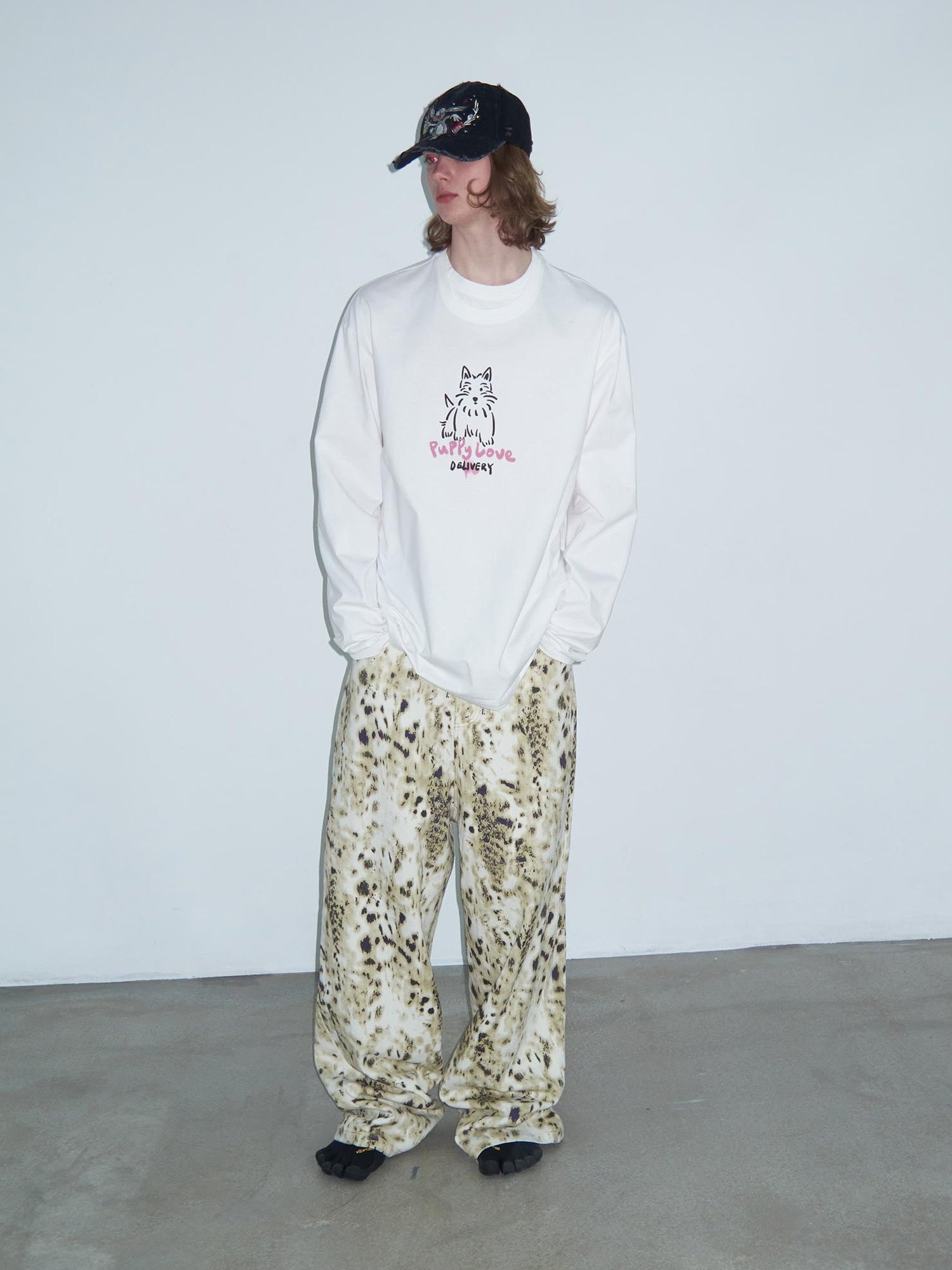 Delivery Hand Drawn Westie Print Layered Neckline White Long Sleeve Tee