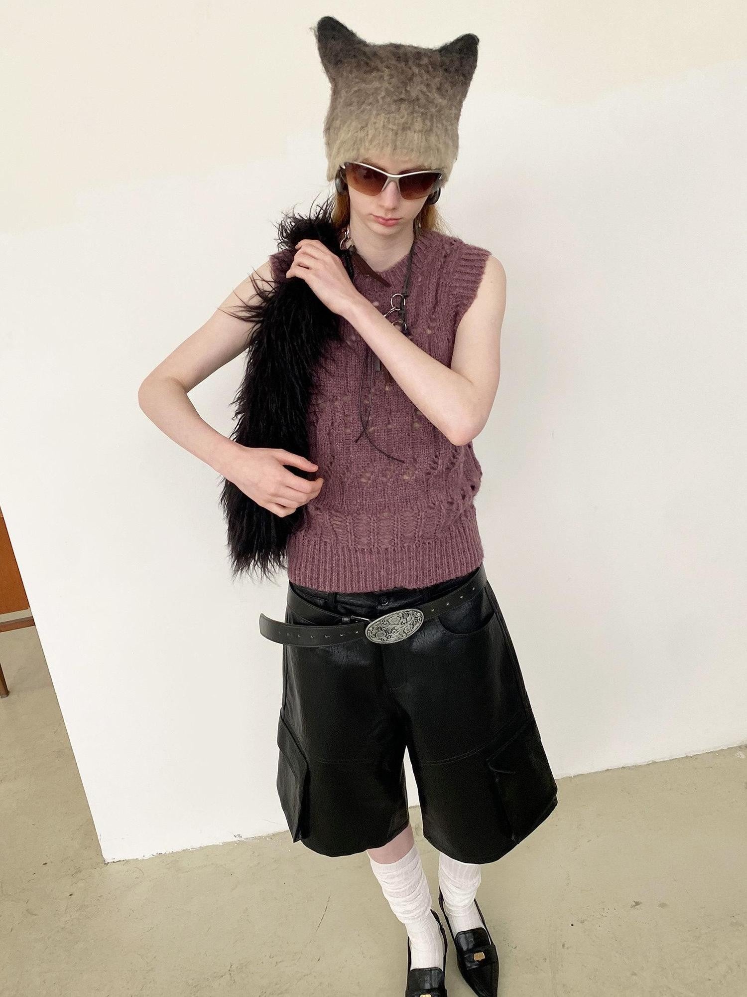 Delivery Heather Purple Openwork Cable Crew Neck Women&