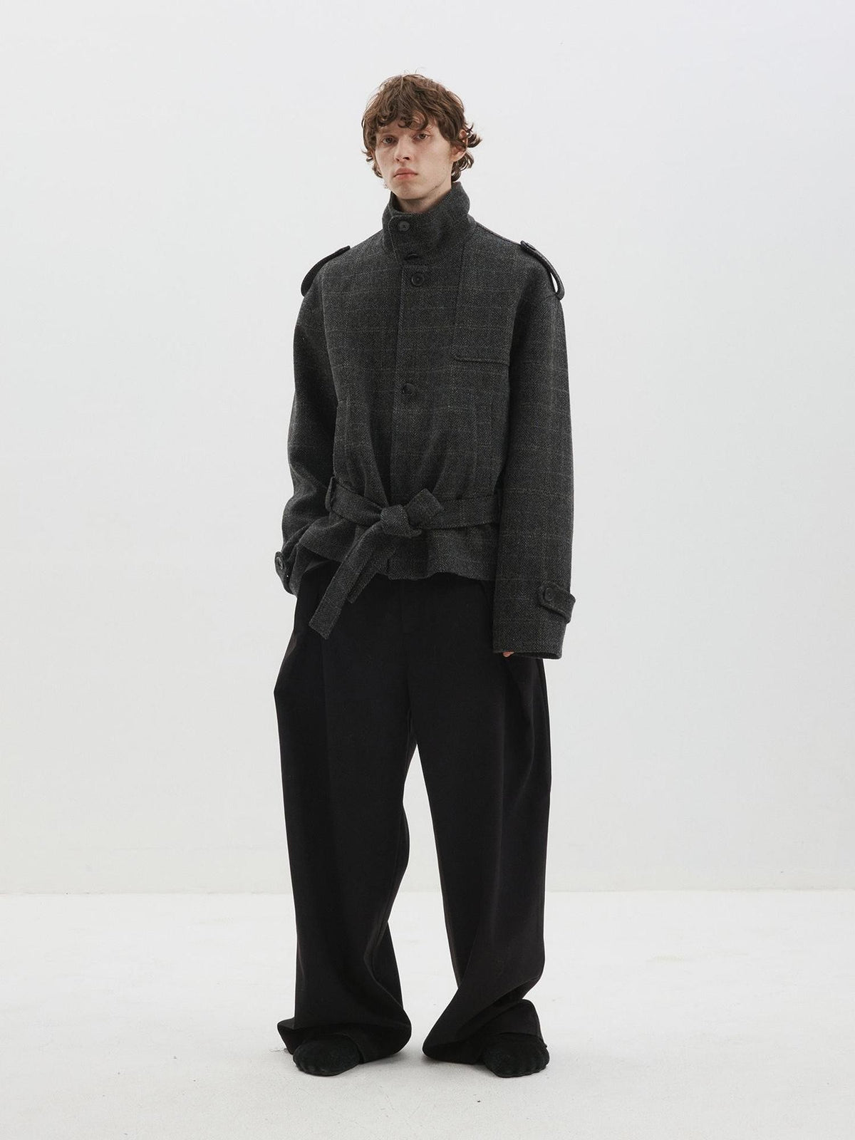 Delivery Herringbone Stand Collar Belted Cropped 100 Percent Wool Women&