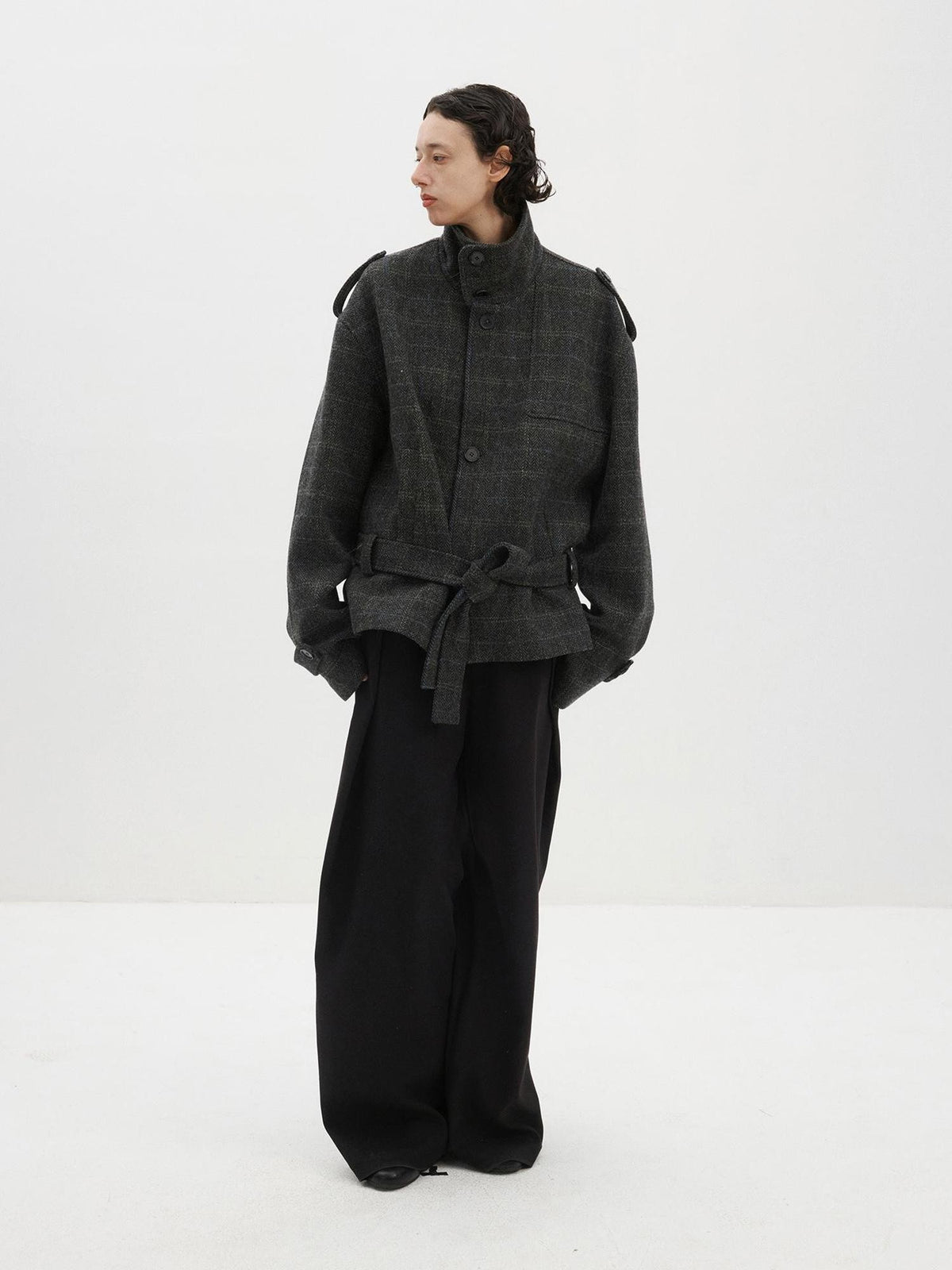 Delivery Herringbone Stand Collar Belted Cropped 100 Percent Wool Women&