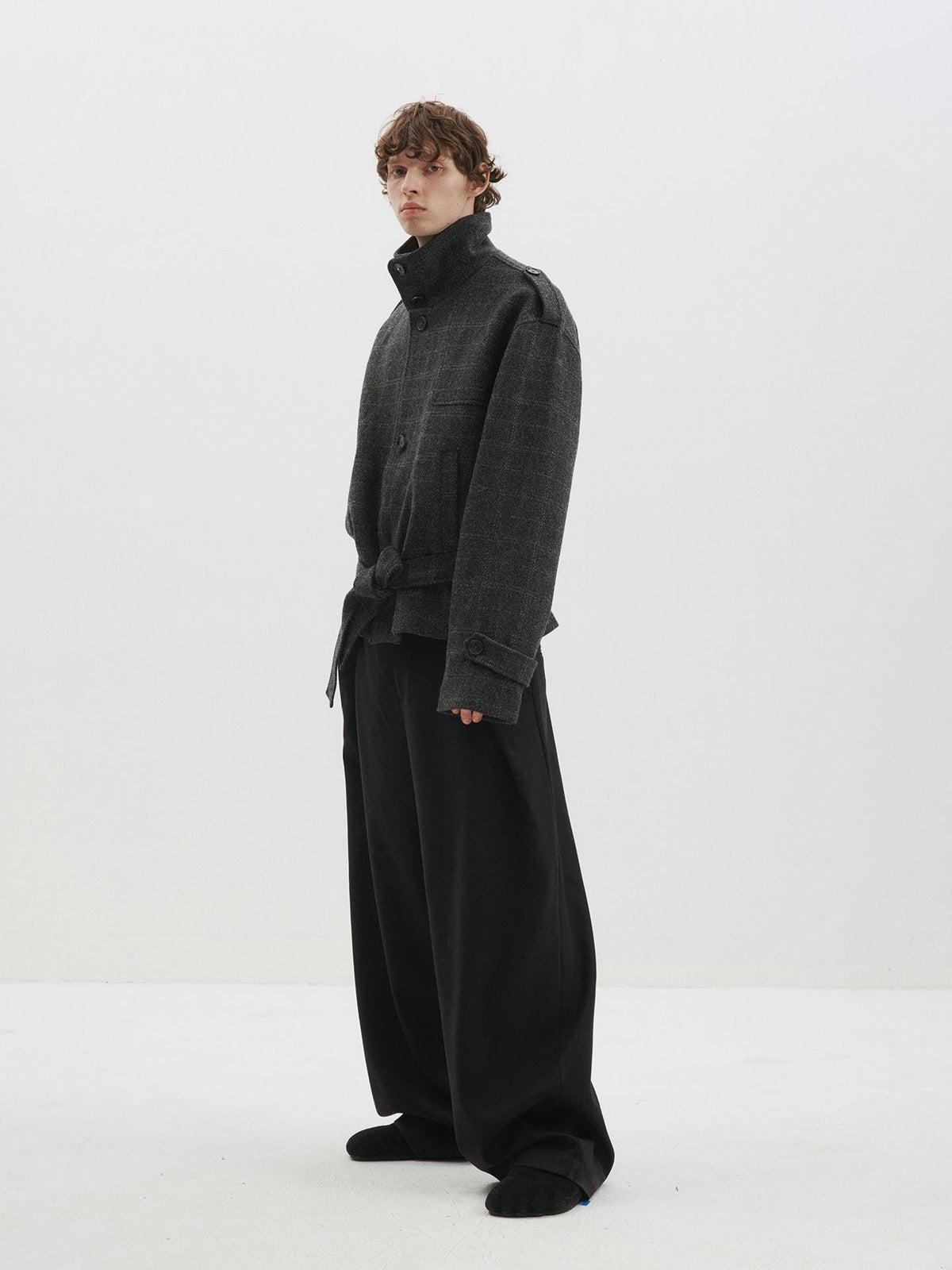 Delivery Herringbone Stand Collar Belted Cropped 100 Percent Wool Women&
