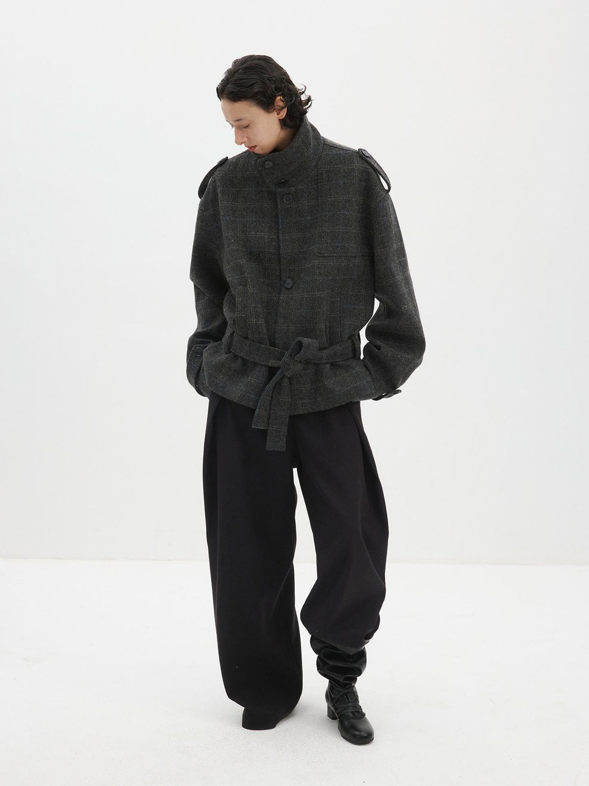 Delivery Herringbone Stand Collar Belted Cropped 100 Percent Wool Women&
