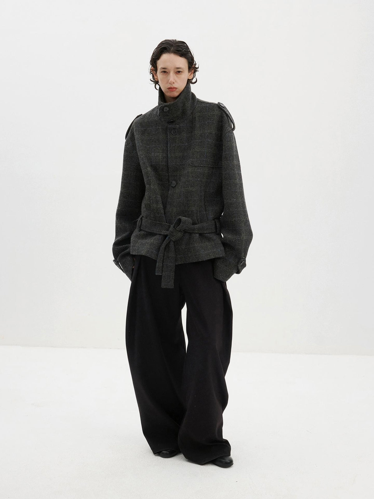 Delivery Herringbone Stand Collar Belted Cropped 100 Percent Wool Women&
