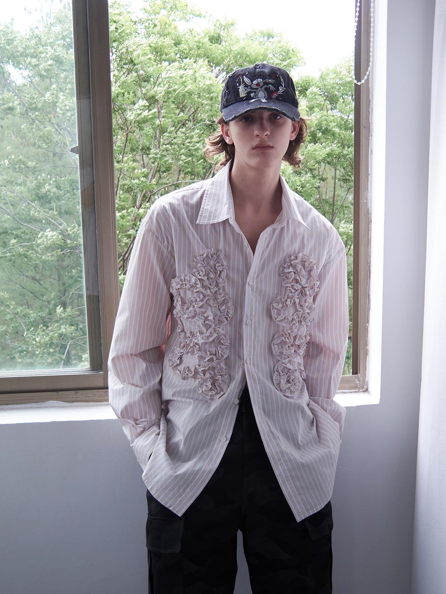 Delivery Irregular 3D Pleated Lace Trimmed Shirt In Lavender Stripe