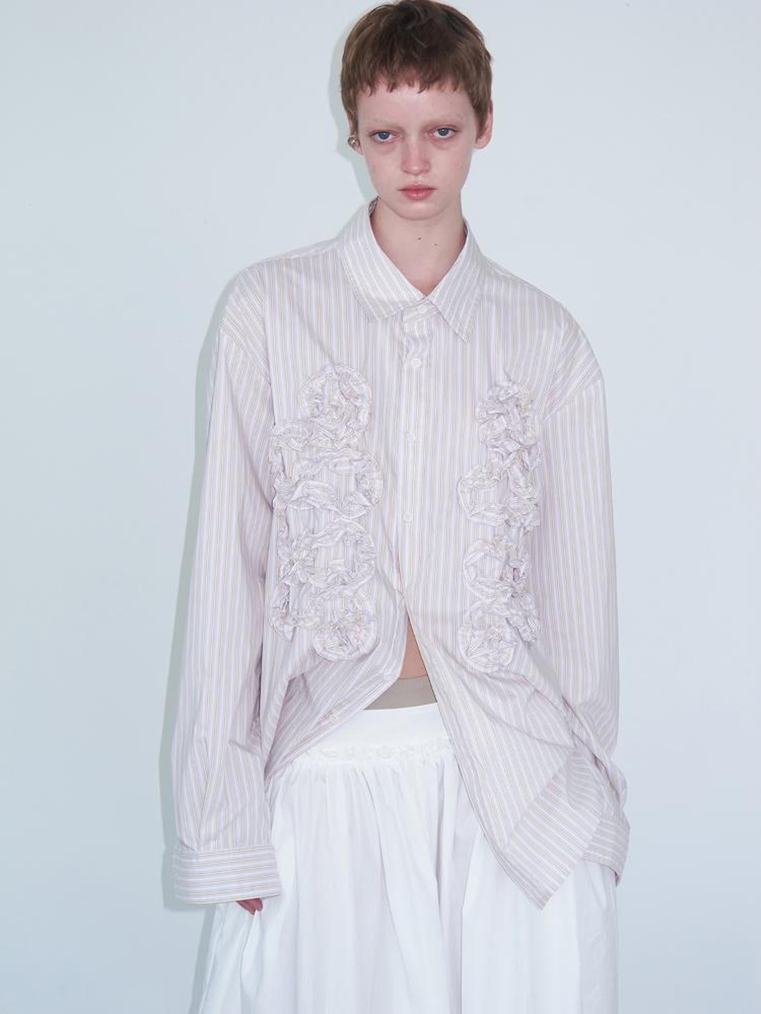 Delivery Irregular 3D Pleated Lace Trimmed Shirt In Lavender Stripe