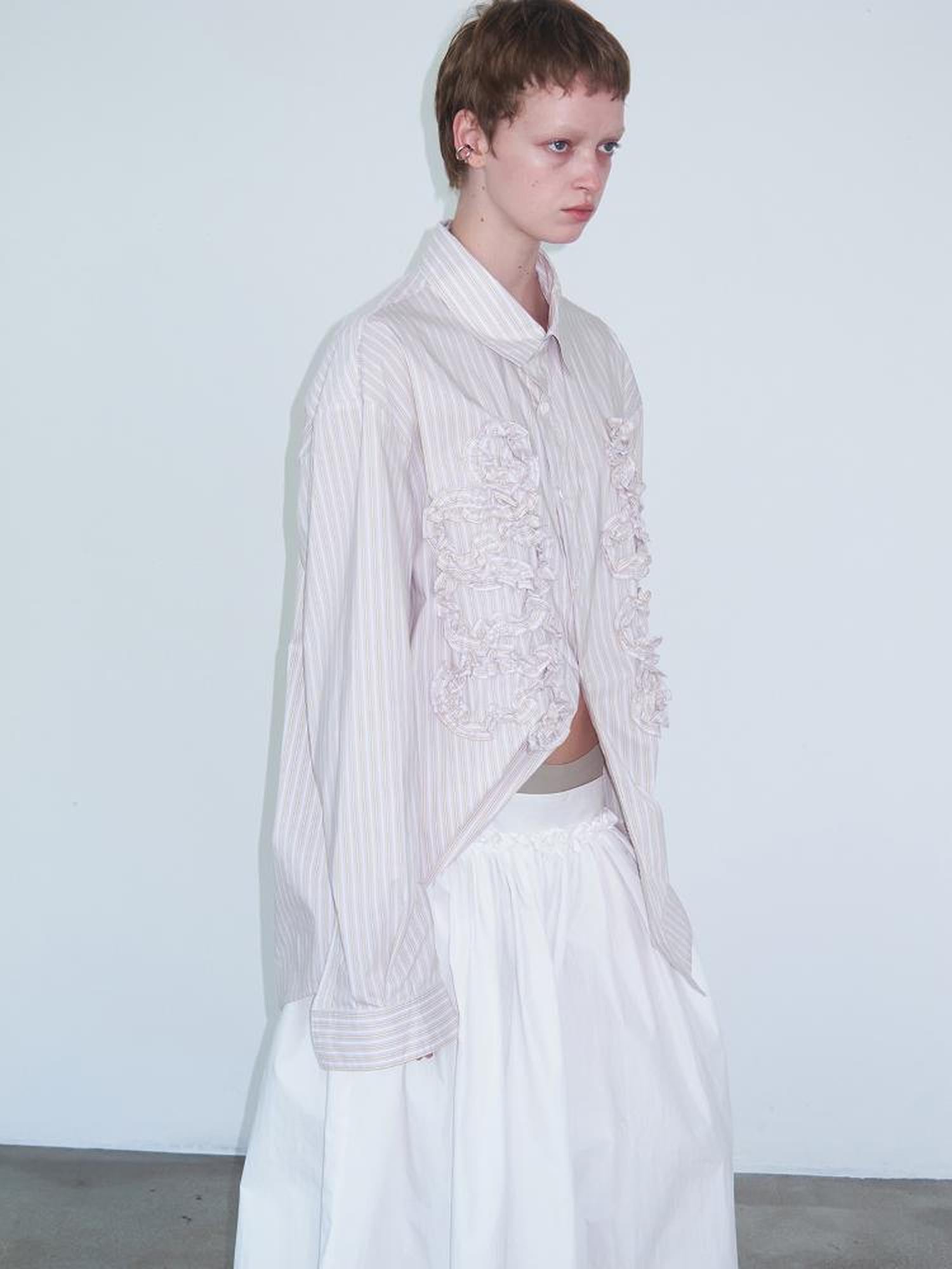 Delivery Irregular 3D Pleated Lace Trimmed Shirt In Lavender Stripe
