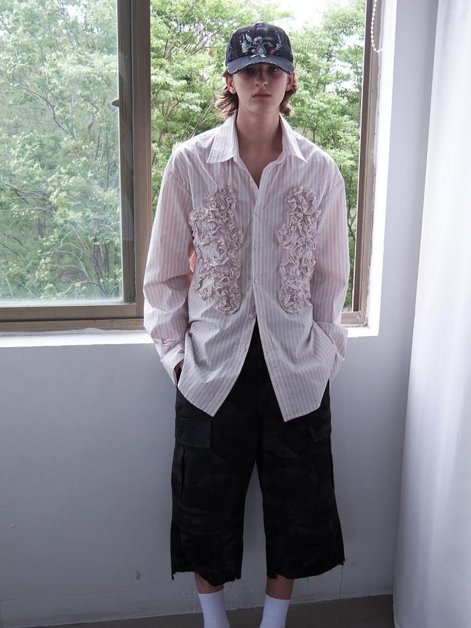 Delivery Irregular 3D Pleated Lace Trimmed Shirt In Lavender Stripe