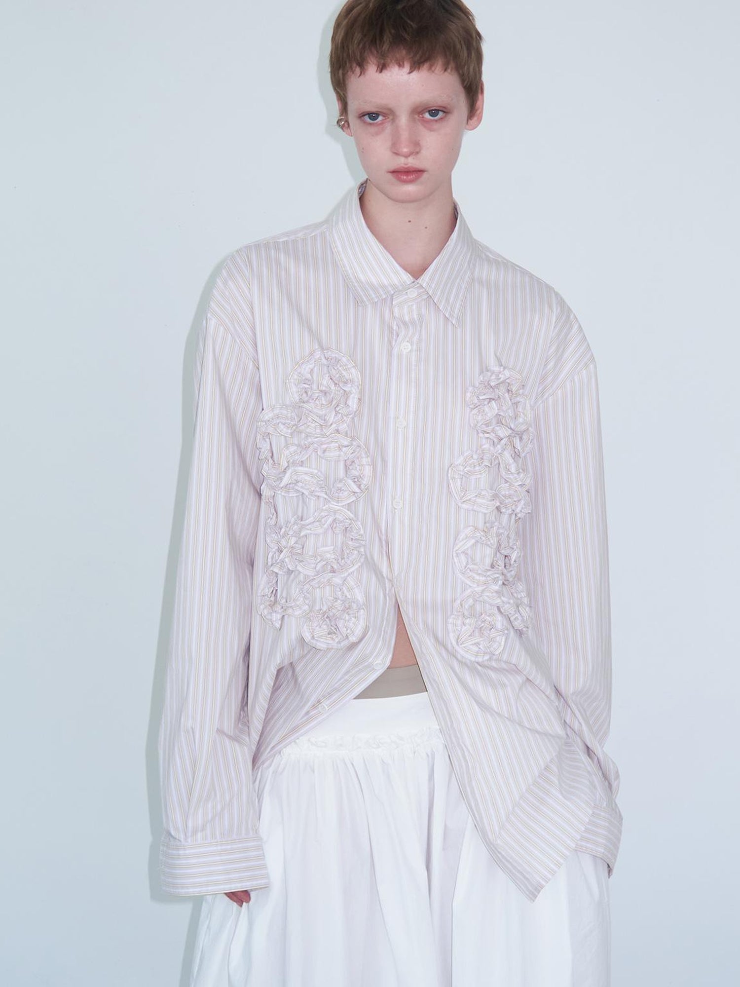 Delivery Irregular 3D Pleated Lace Trimmed Shirt In Lavender Stripe