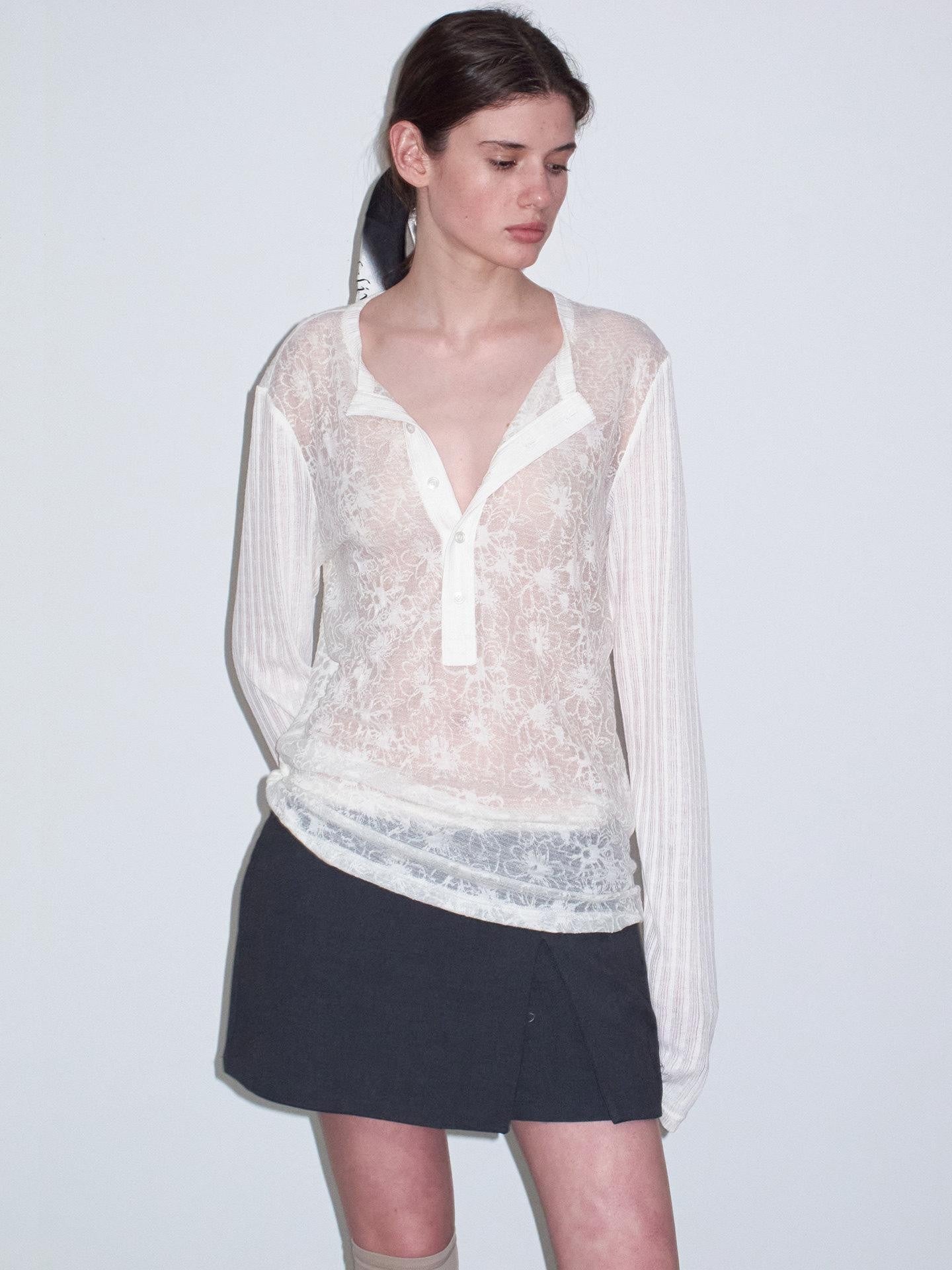 Delivery Ivory Sheer Lace Jacquard Striped Henley Women&