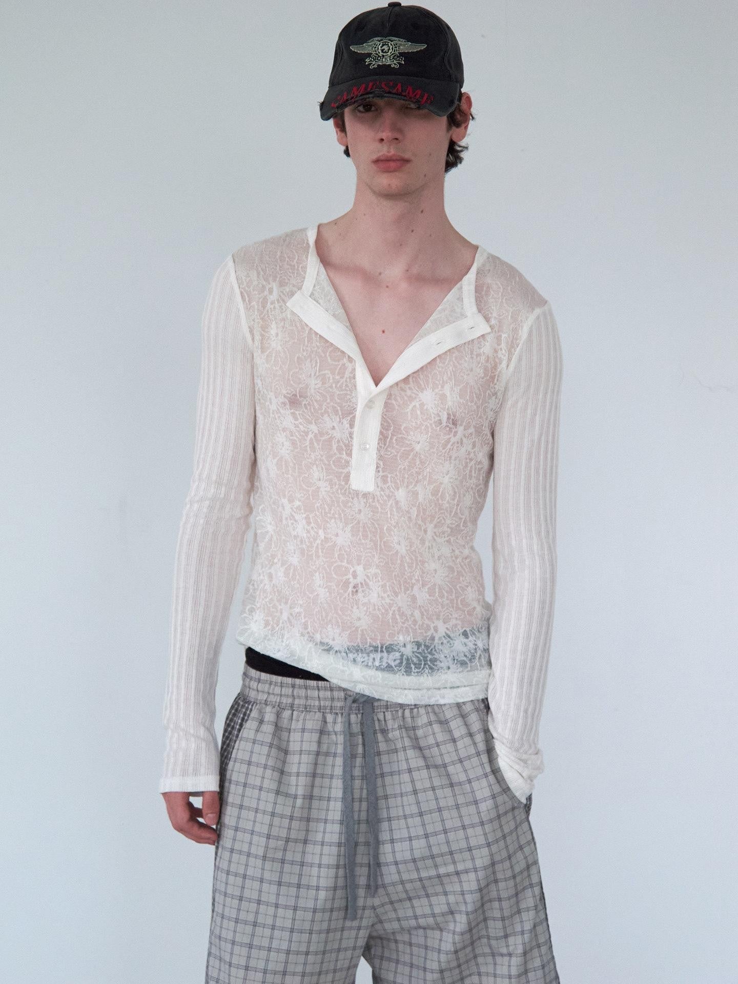 Delivery Ivory Sheer Lace Jacquard Striped Henley Women&