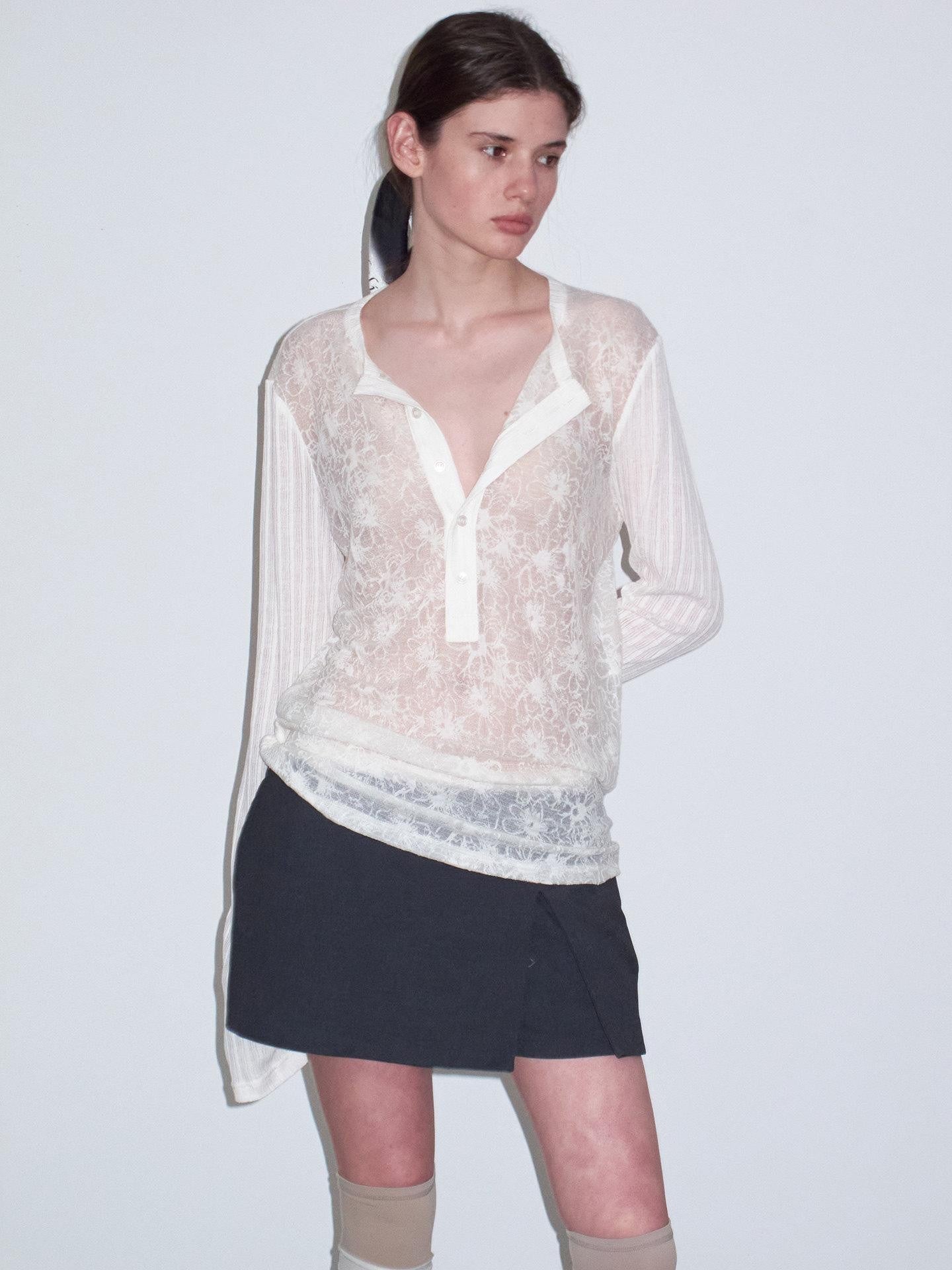 Delivery Ivory Sheer Lace Jacquard Striped Henley Women&
