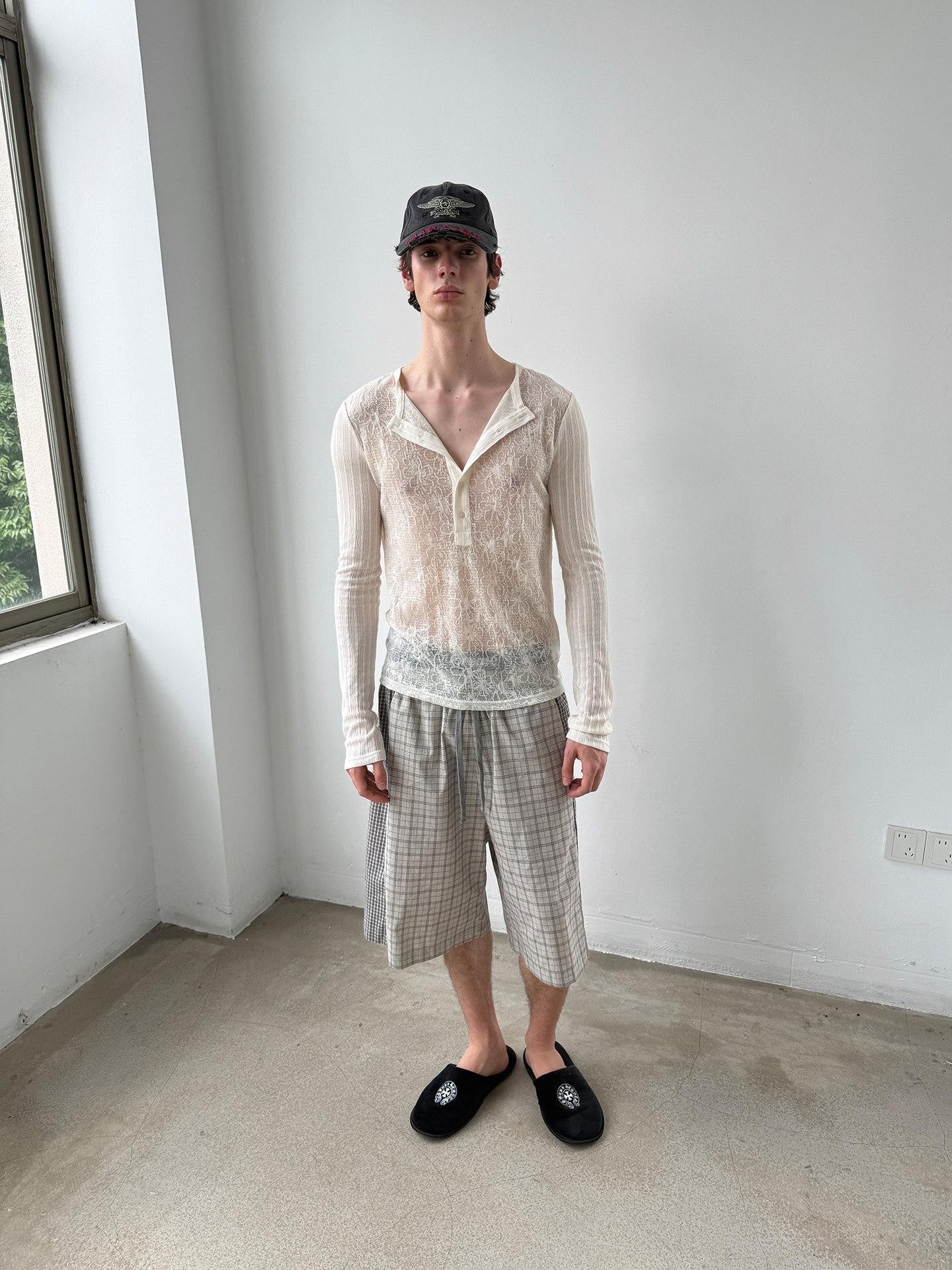Delivery Ivory Sheer Lace Jacquard Striped Henley Women&