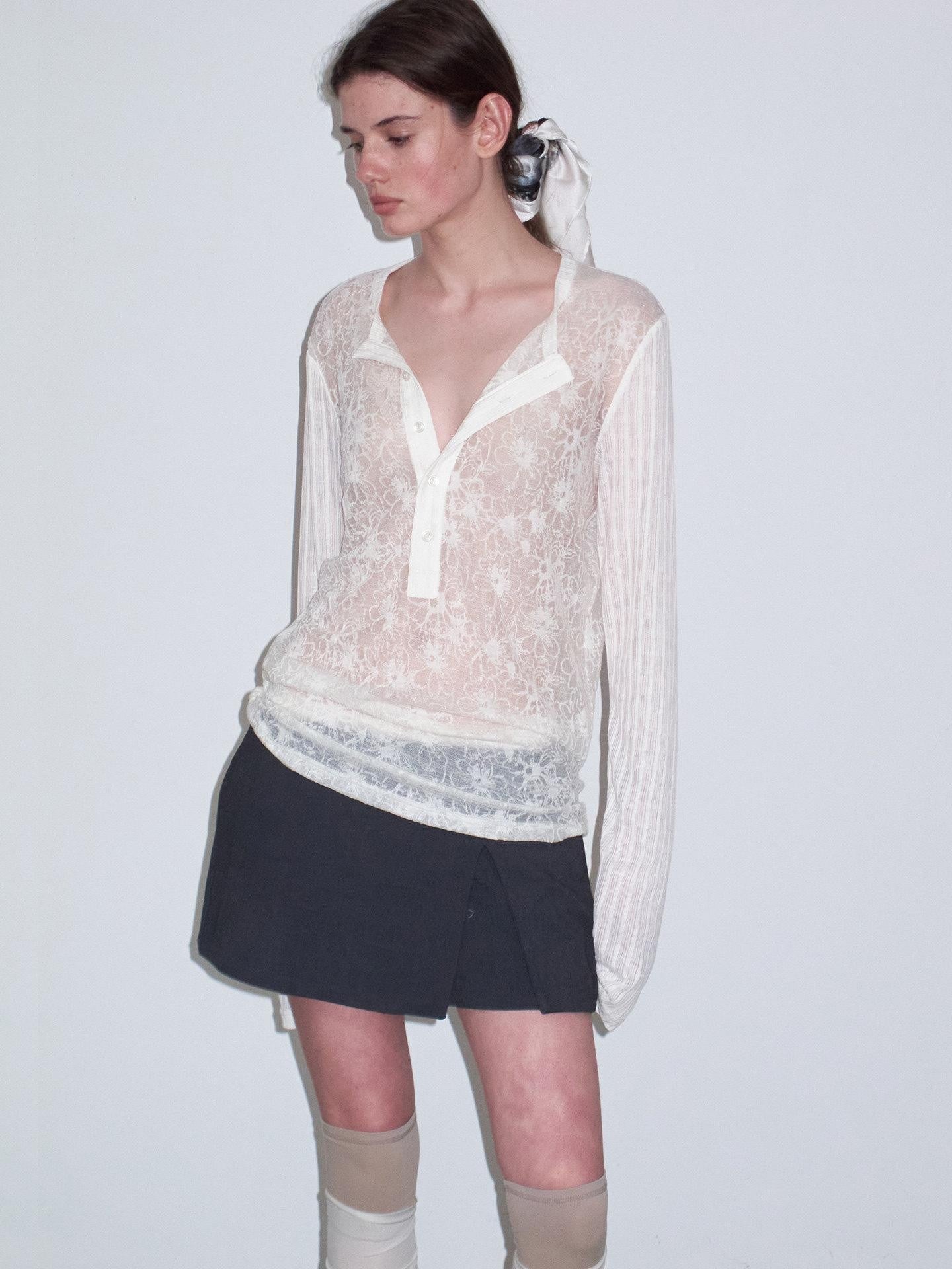 Delivery Ivory Sheer Lace Jacquard Striped Henley Women&