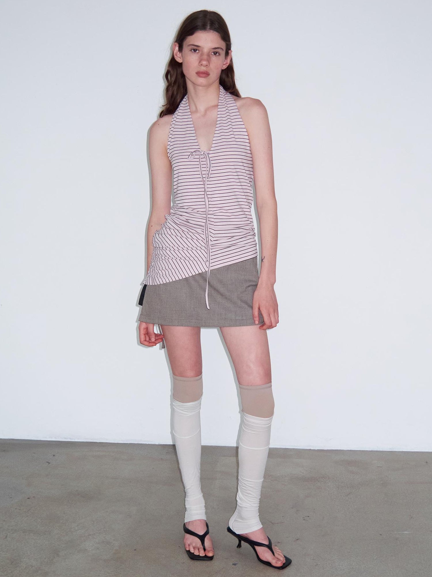 Delivery Knitted Halter Tie Back Top With Sheer Striped Lace Up Detail