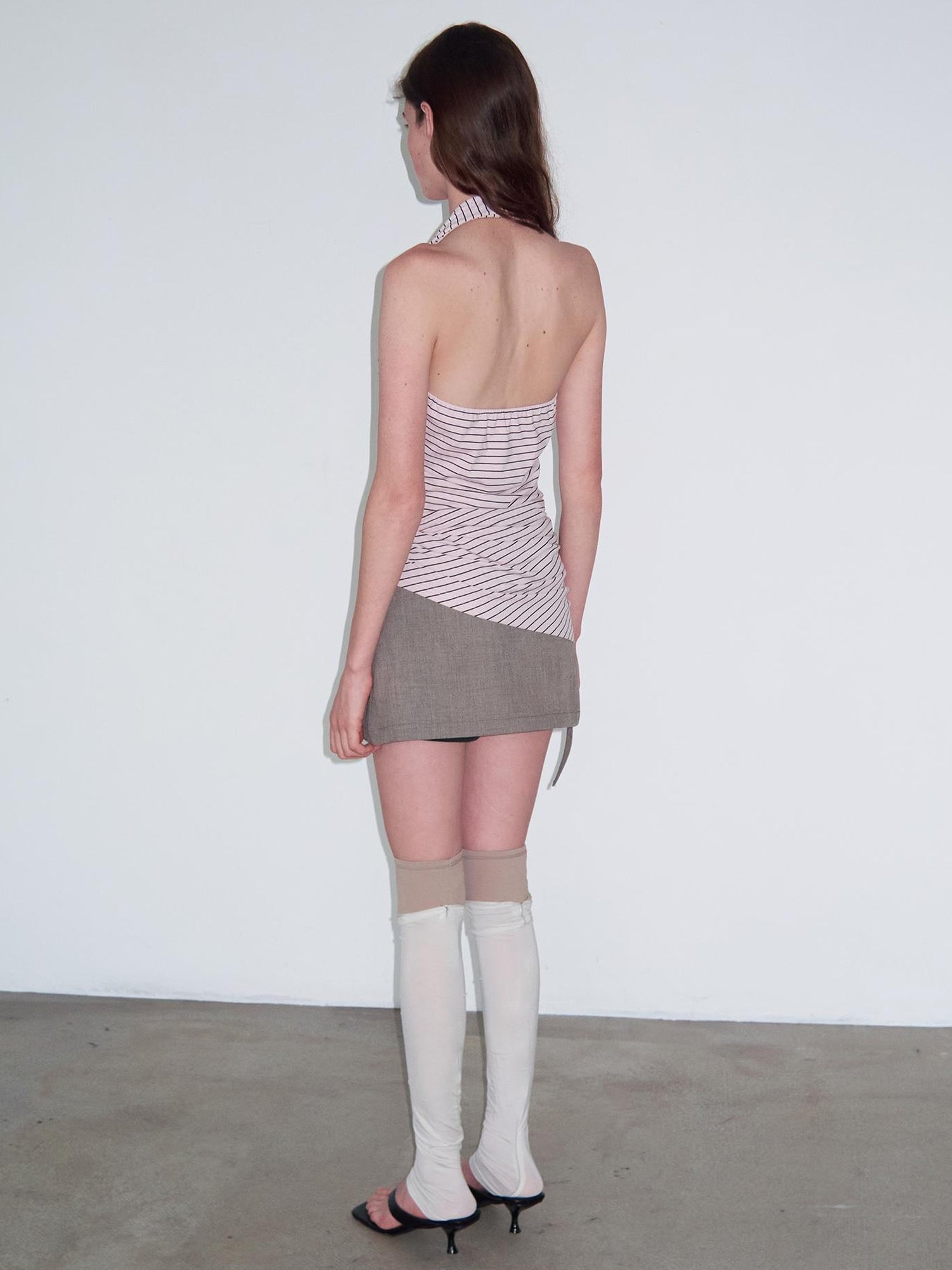 Delivery Knitted Halter Tie Back Top With Sheer Striped Lace Up Detail