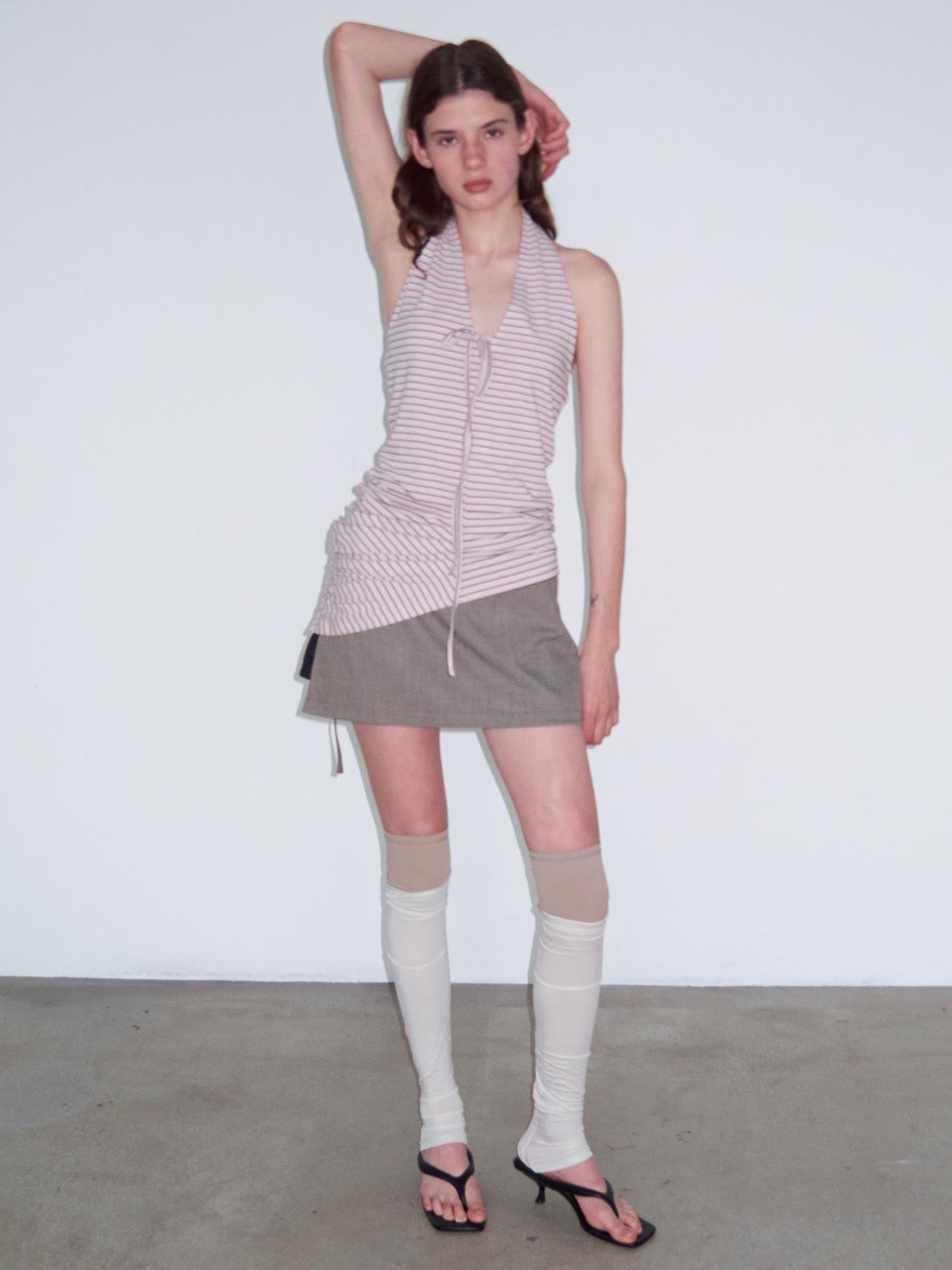 Delivery Knitted Halter Tie Back Top With Sheer Striped Lace Up Detail