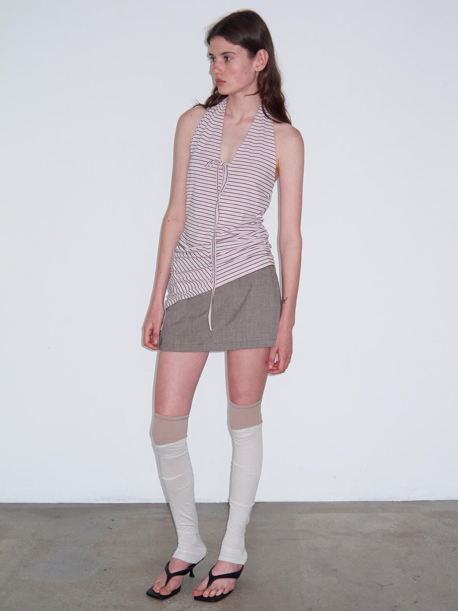 Delivery Knitted Halter Tie Back Top With Sheer Striped Lace Up Detail