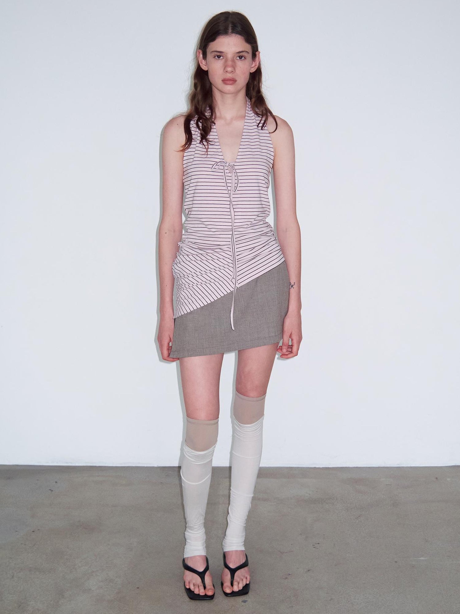 Delivery Knitted Halter Tie Back Top With Sheer Striped Lace Up Detail