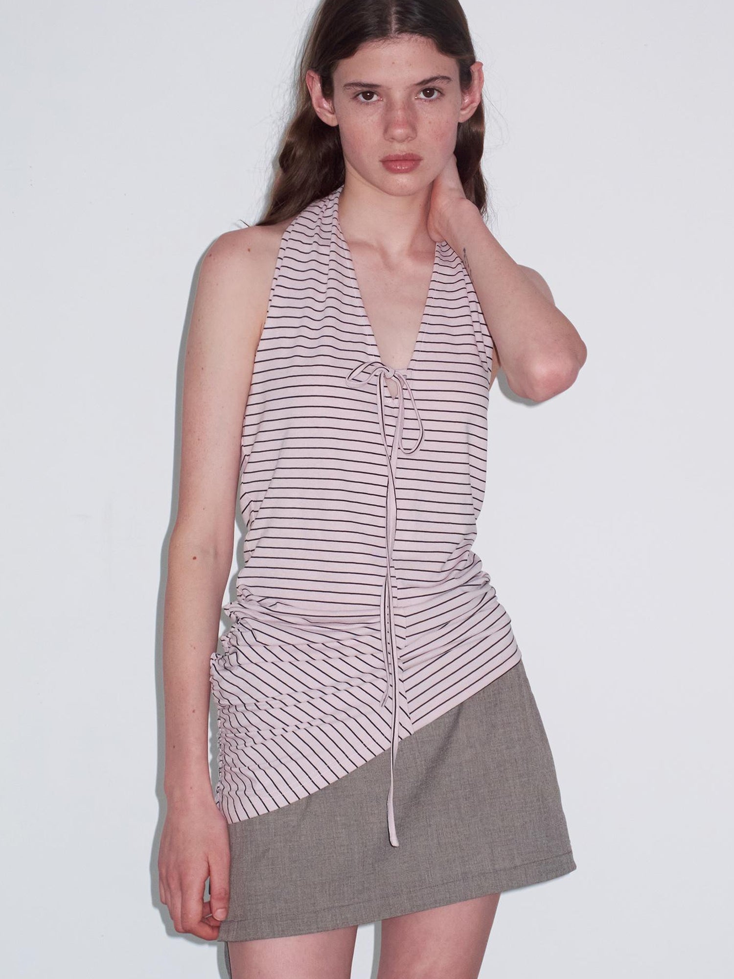 Delivery Knitted Halter Tie Back Top With Sheer Striped Lace Up Detail