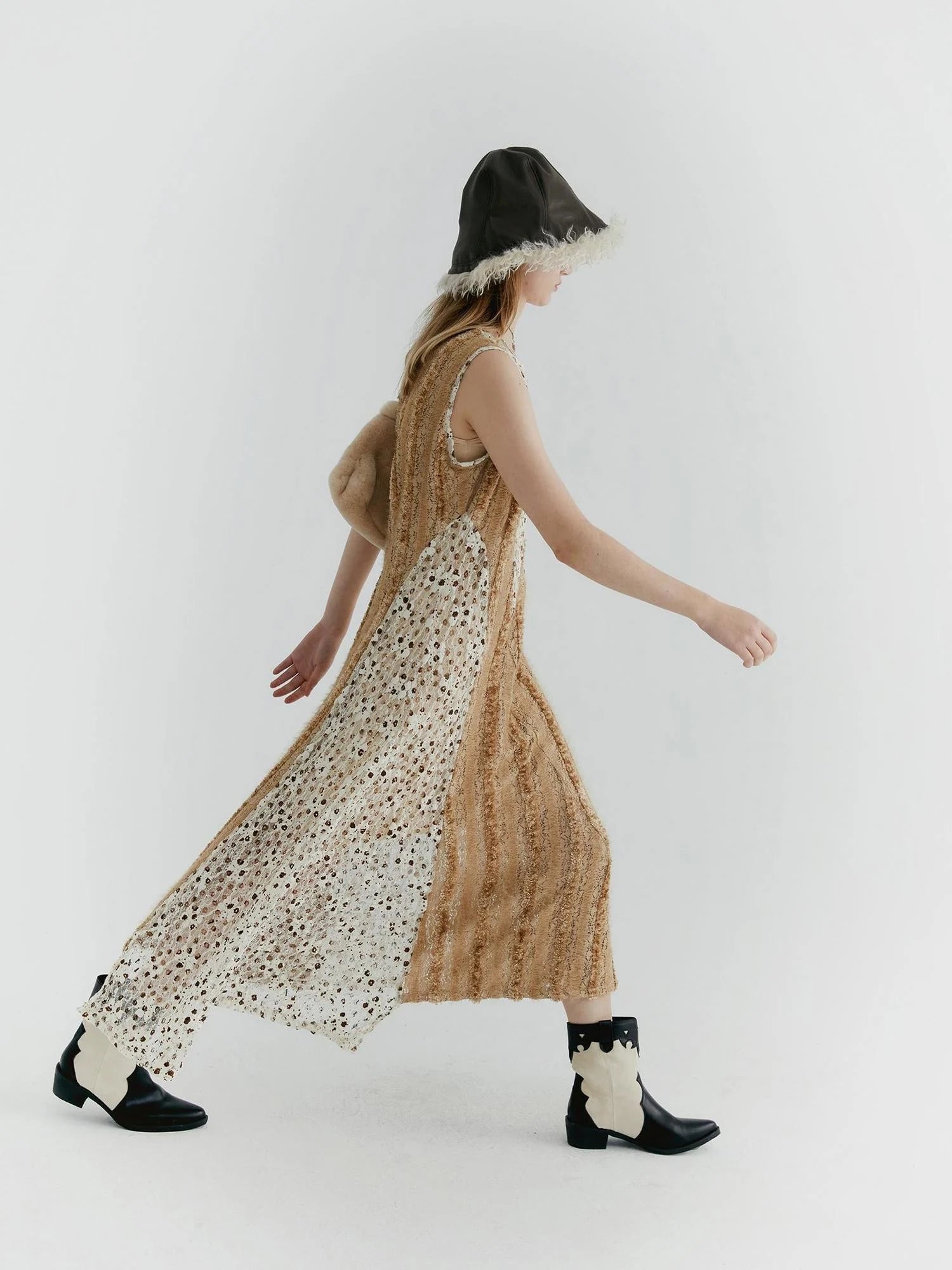 Lace Floral Applique Faux Fur Trim Contrast Sheer Sleeveless V-Neck Dress