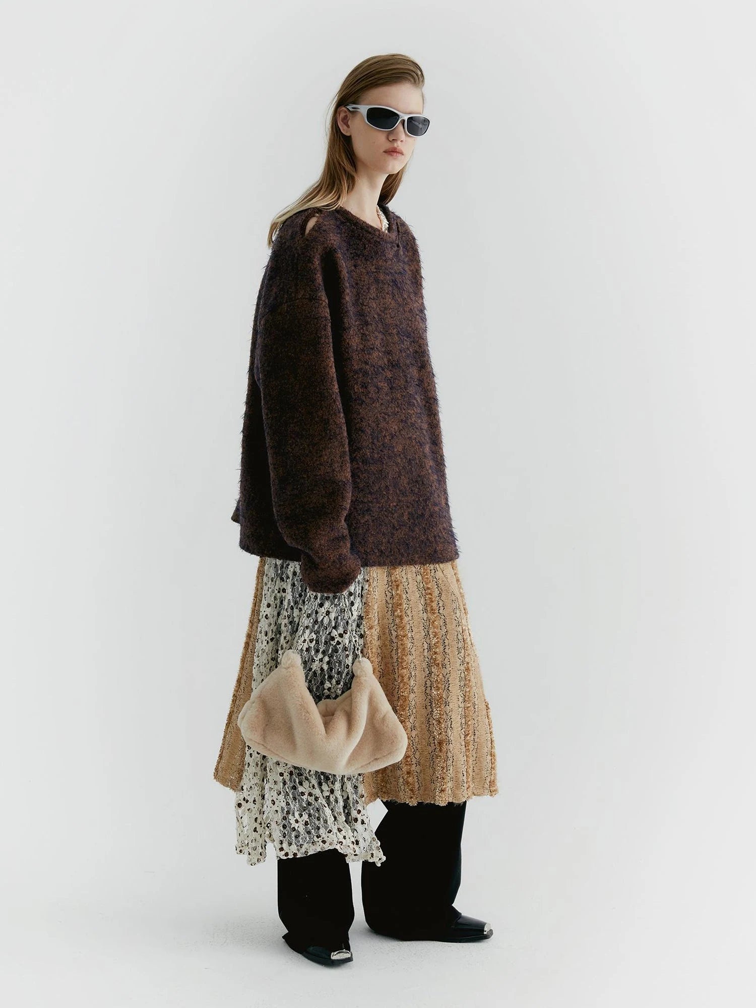 Lace Floral Applique Faux Fur Trim Contrast Sheer Sleeveless V-Neck Dress