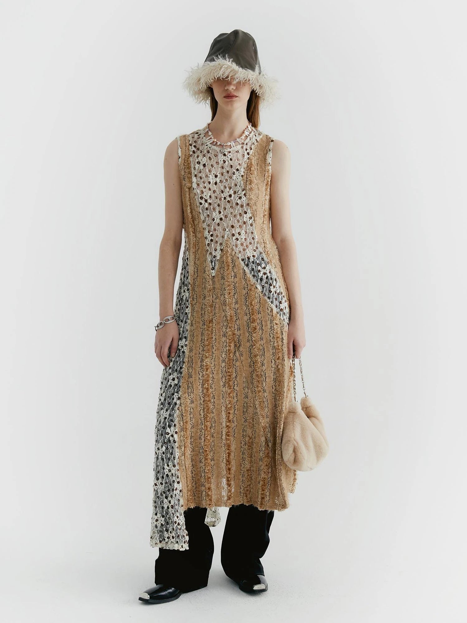 Lace Floral Applique Faux Fur Trim Contrast Sheer Sleeveless V-Neck Dress