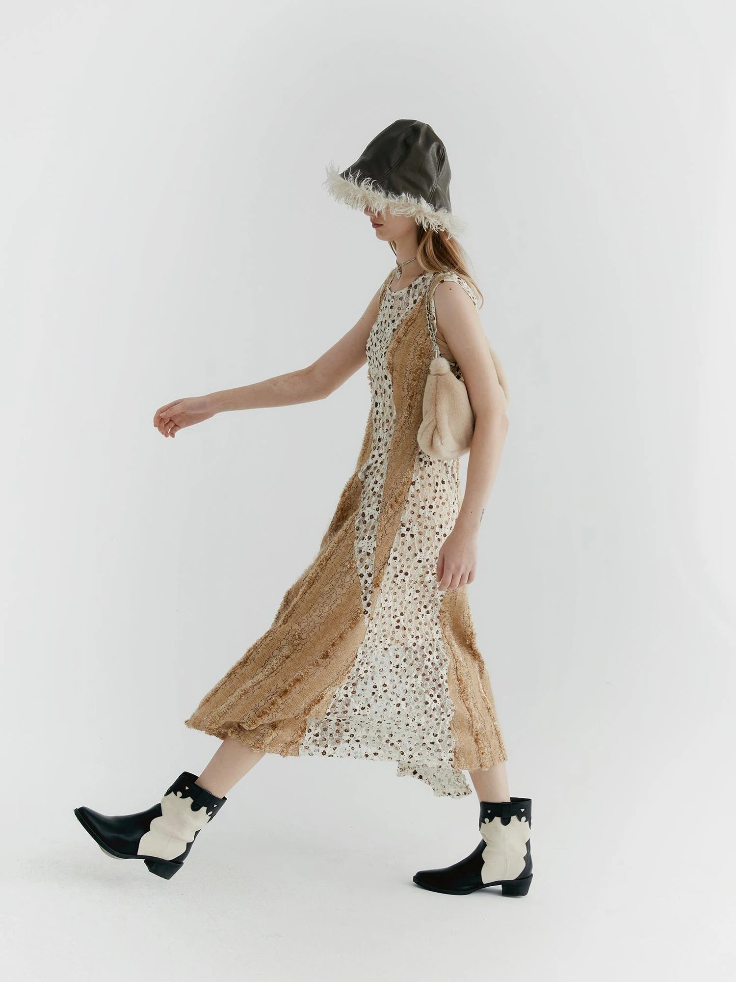 Lace Floral Applique Faux Fur Trim Contrast Sheer Sleeveless V-Neck Dress