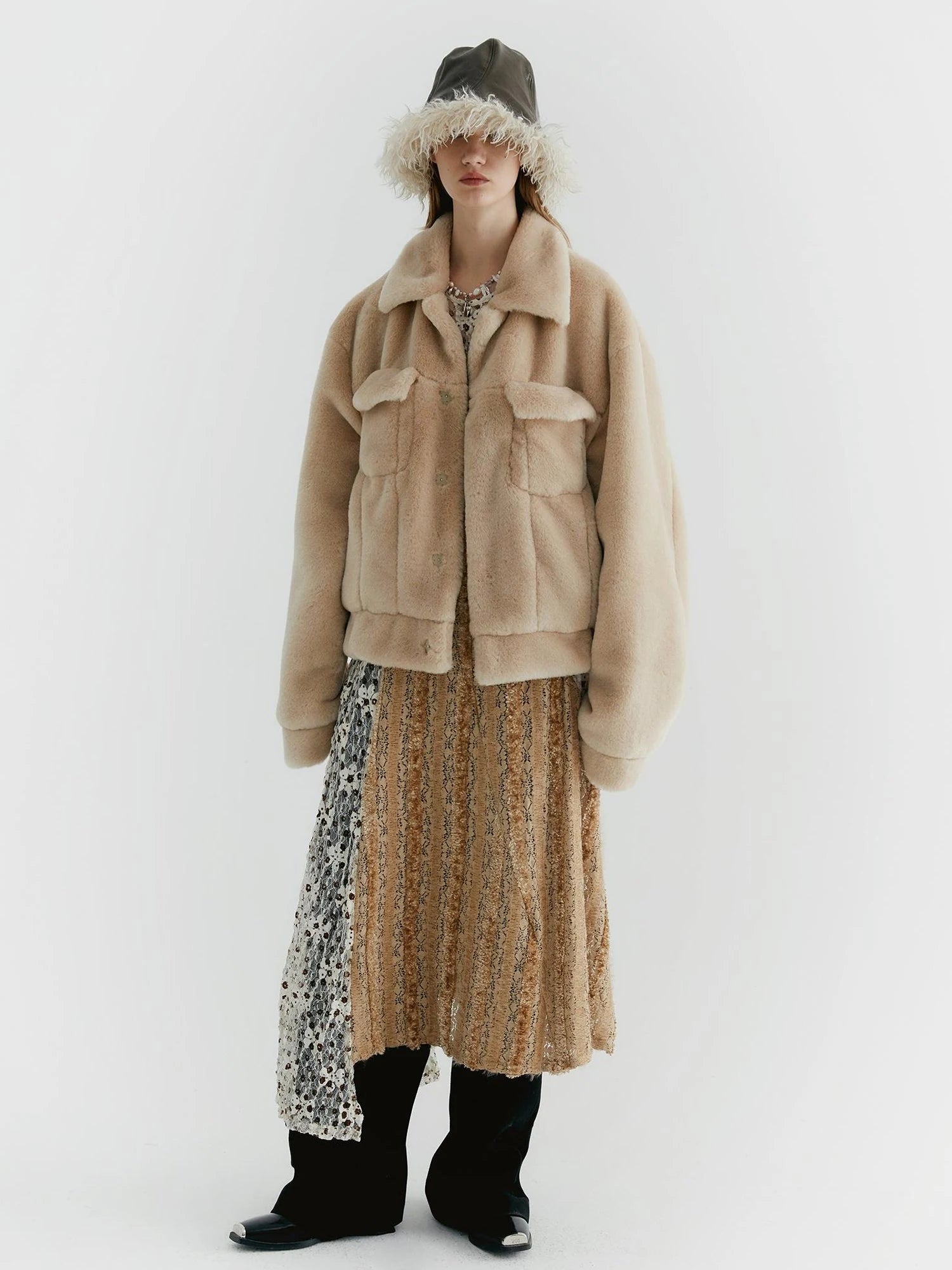 Lace Floral Applique Faux Fur Trim Contrast Sheer Sleeveless V-Neck Dress