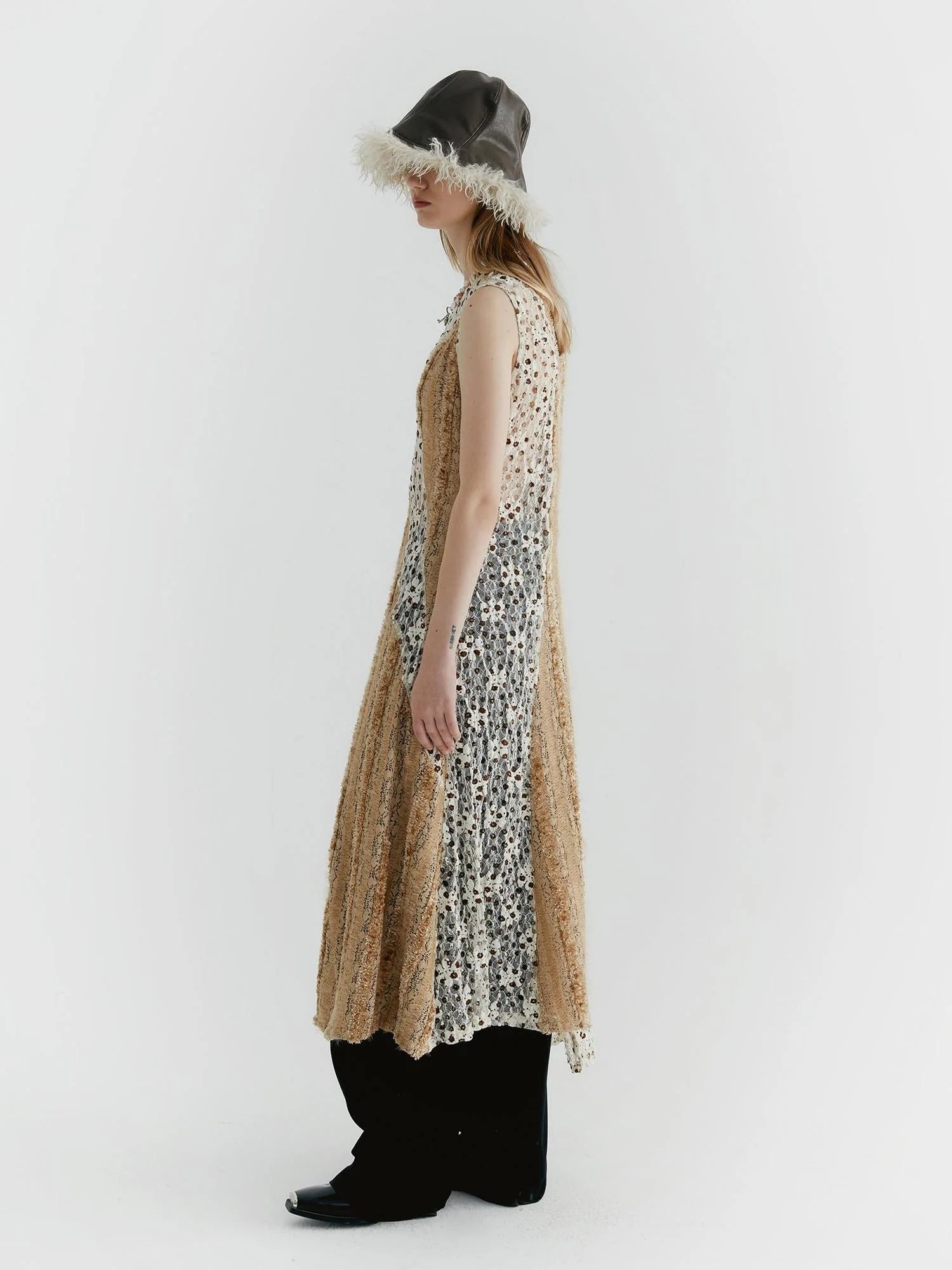 Lace Floral Applique Faux Fur Trim Contrast Sheer Sleeveless V-Neck Dress