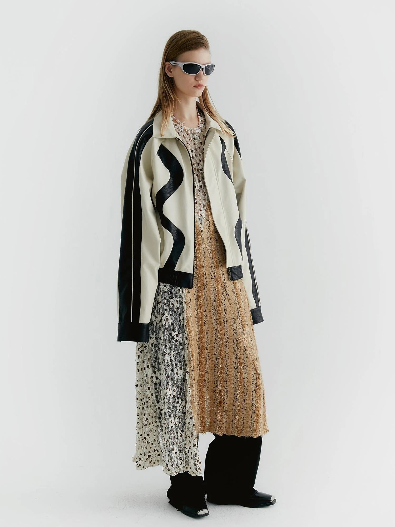 Lace Floral Applique Faux Fur Trim Contrast Sheer Sleeveless V-Neck Dress