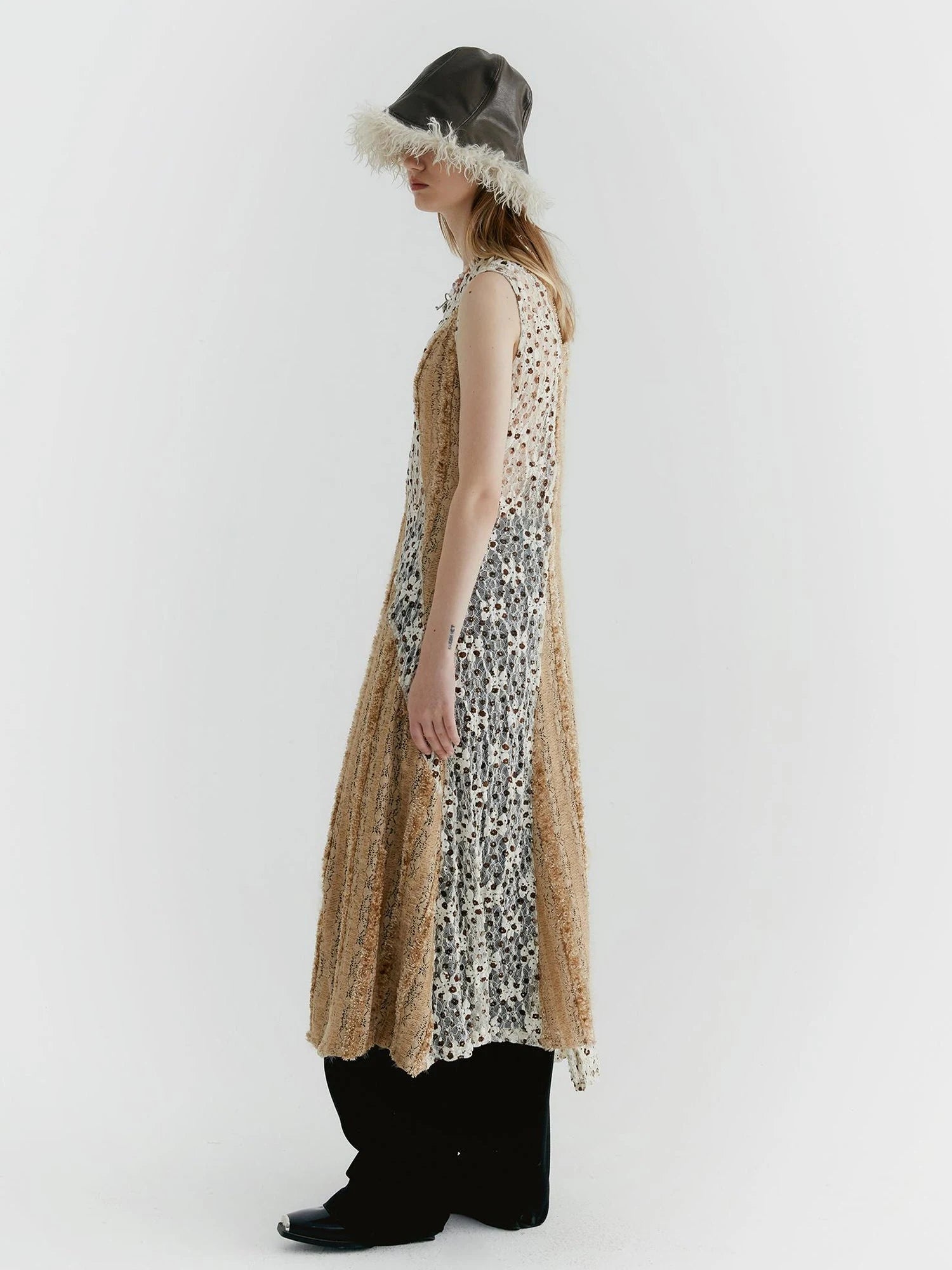 Lace Floral Applique Faux Fur Trim Contrast Sheer Sleeveless V-Neck Dress