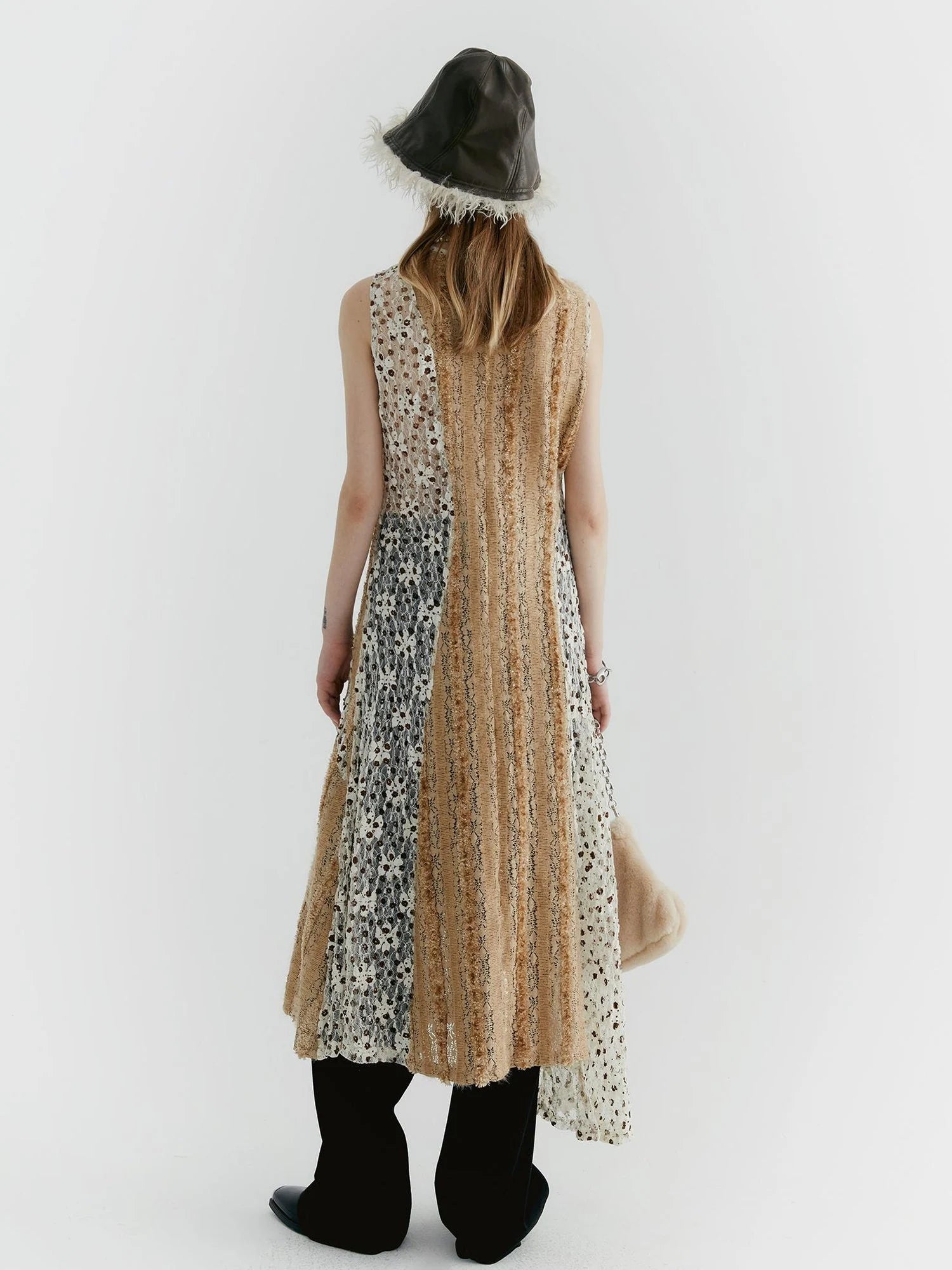 Lace Floral Applique Faux Fur Trim Contrast Sheer Sleeveless V-Neck Dress