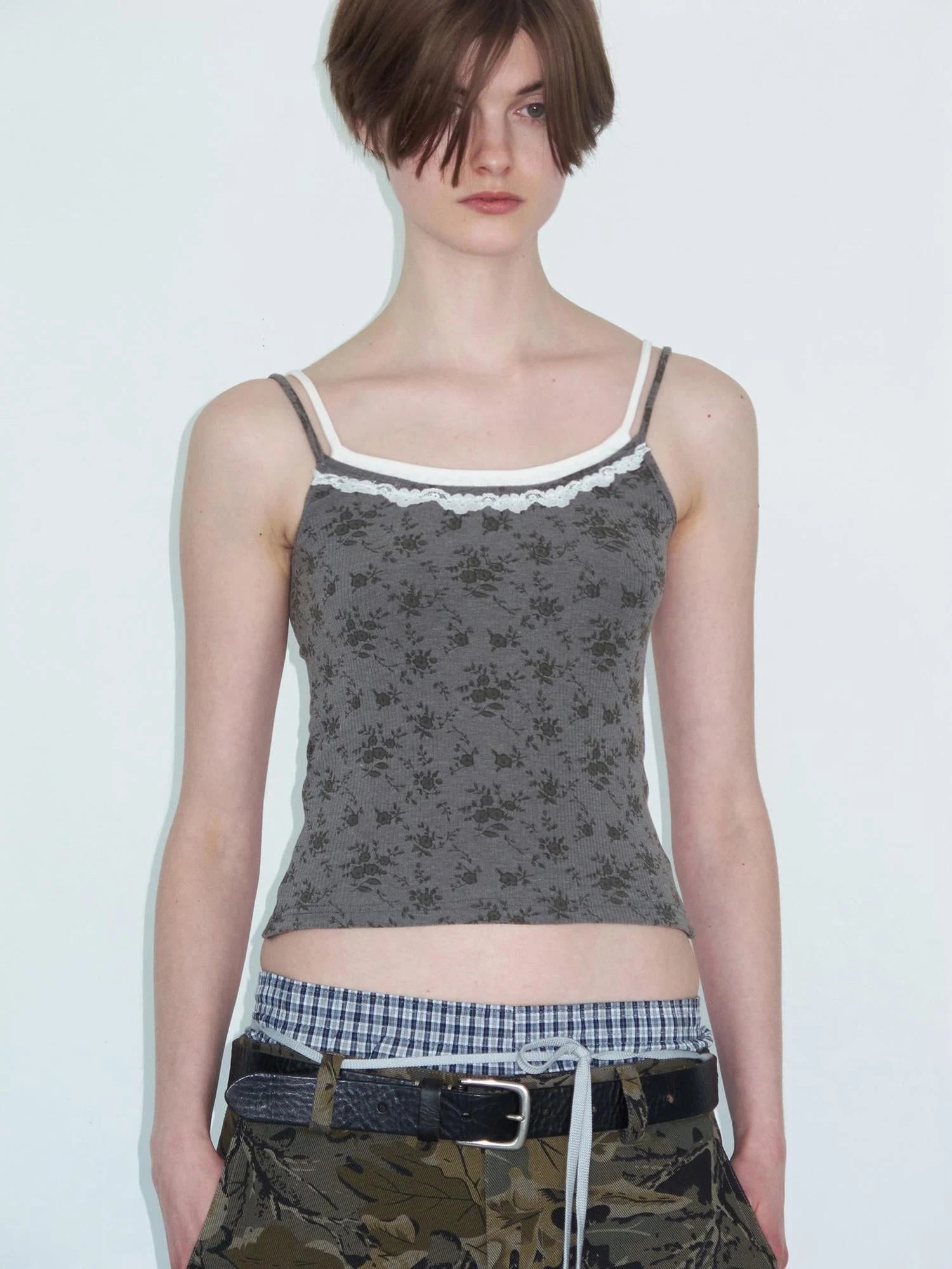 Lace Paneled Knit Camisole With Floral Print
